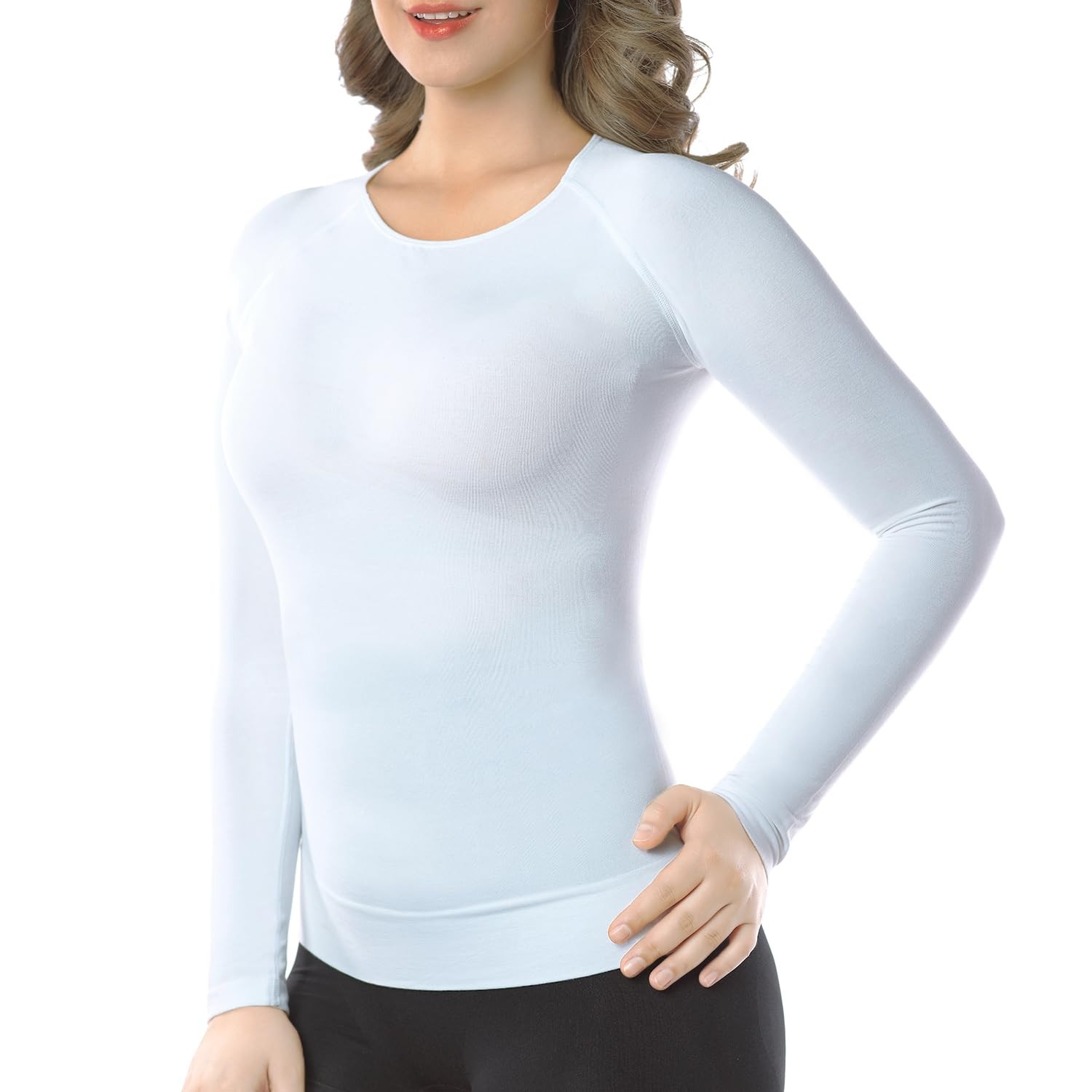 +MD Womens Long Sleeve Undershirts Tops, Round Neck Slim Fit Baselayer, Soft …