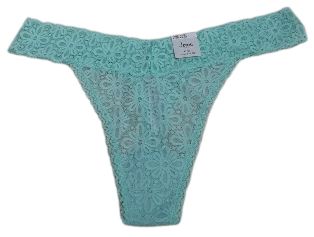 • NWT Jenni Womens Lace Thong Underwear Panty One Size Plus, Fits 1X 2X 3X Green