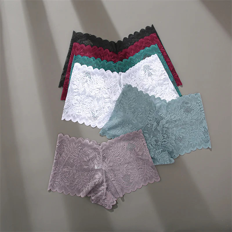 Lace Boyshort Panties Low Rise Breathable Hollow Out 4PCS Women Underwear