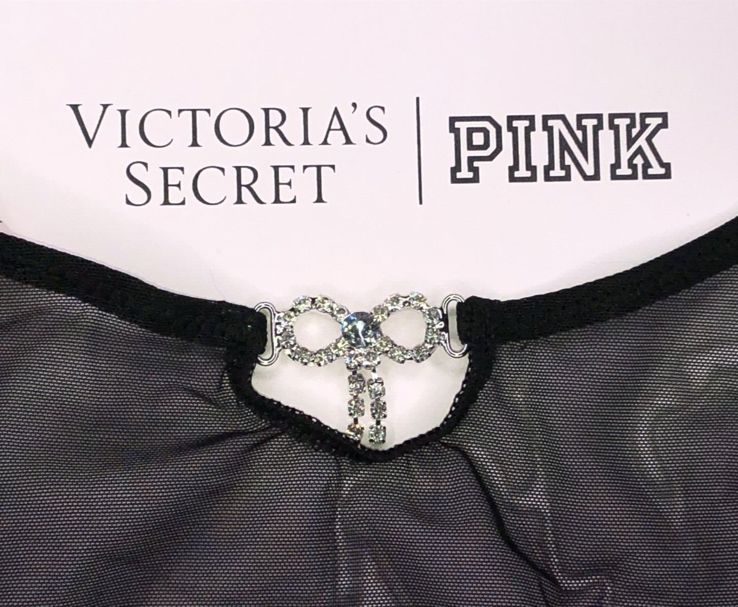 Victoria’s Secret NWT Large Black Lace Brazilian Panty Rhinestone Bow Sexy Sheer