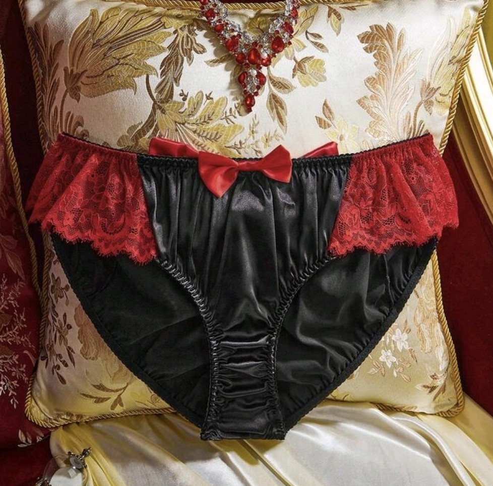 Black Satin Frilly Red Lace 3D Bow Plus Size Sissy Panties Knickers 1 XL 16-18