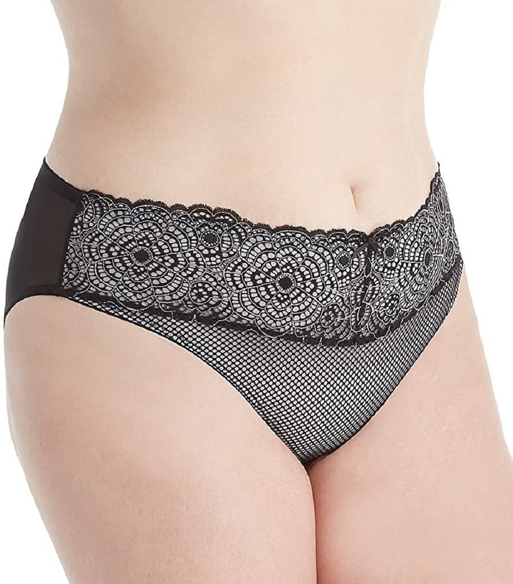 Ashley Graham Womens Plus Size Hi Cut Bikini Panty Silver Rain Black 2X