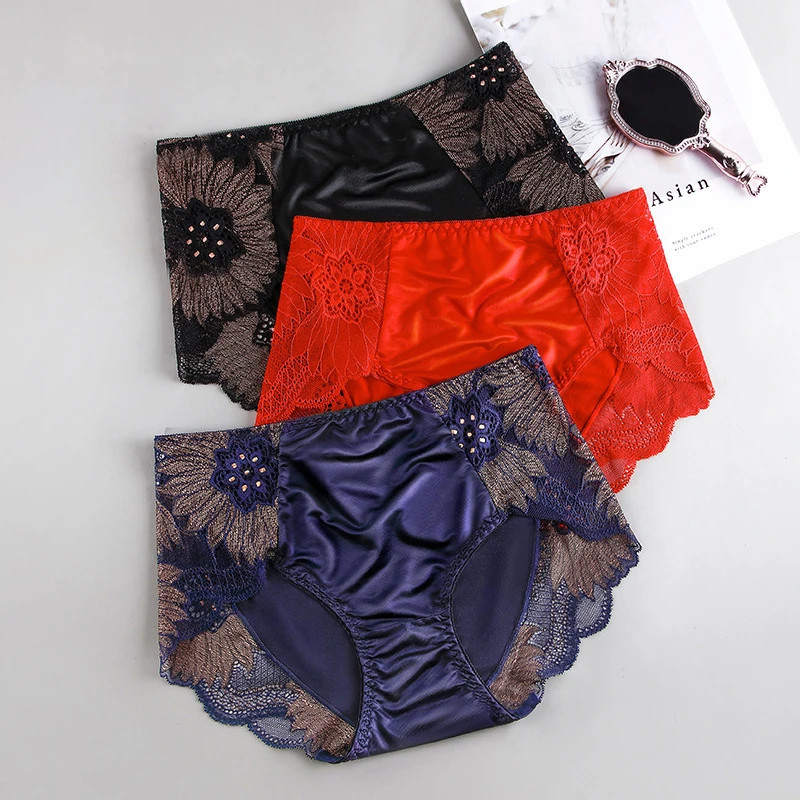 Floral Embroidery Briefs Mid Rise Satin Feel Breathable Panties Women Soft