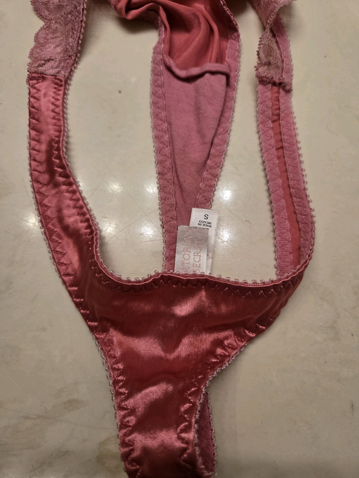 Vintage Victoria’s Secret Pink Satin Thong With Lace Accent Small 2000