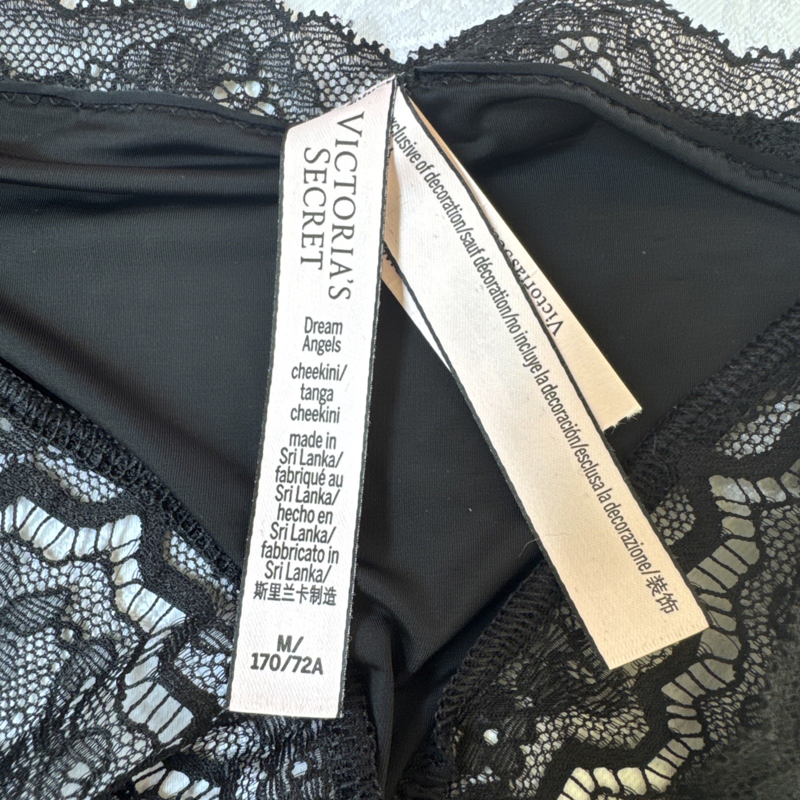 VICTORIA’S SECRET M BLACK SILKY DREAM ANGELS LACE CHEEKINI TANGA PANTIES NWT