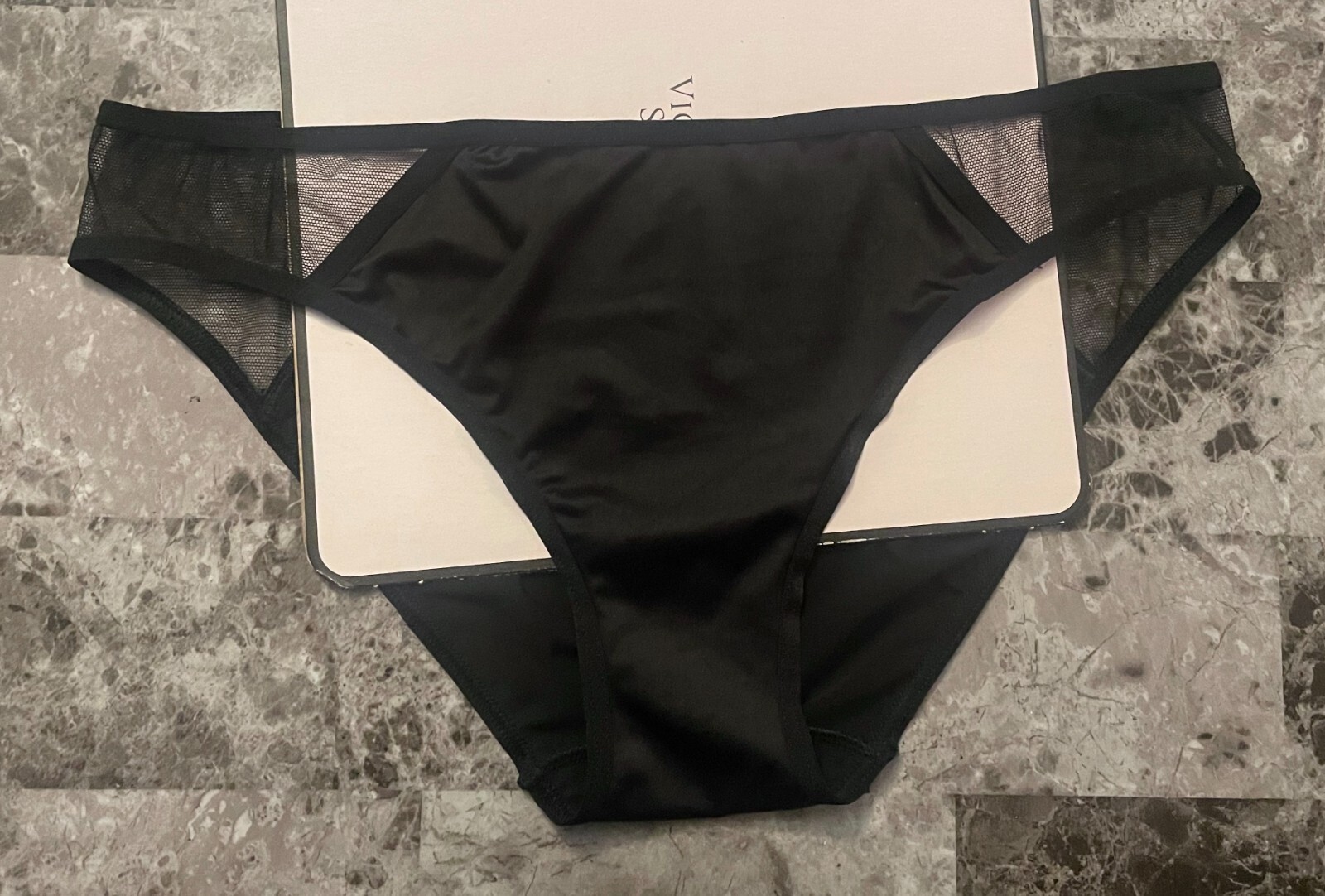 NWT VICTORIA’S SECRET MEDIUM BLACK SATIN SMOOTH SHEER MESH RARE BIKINI PANTIES