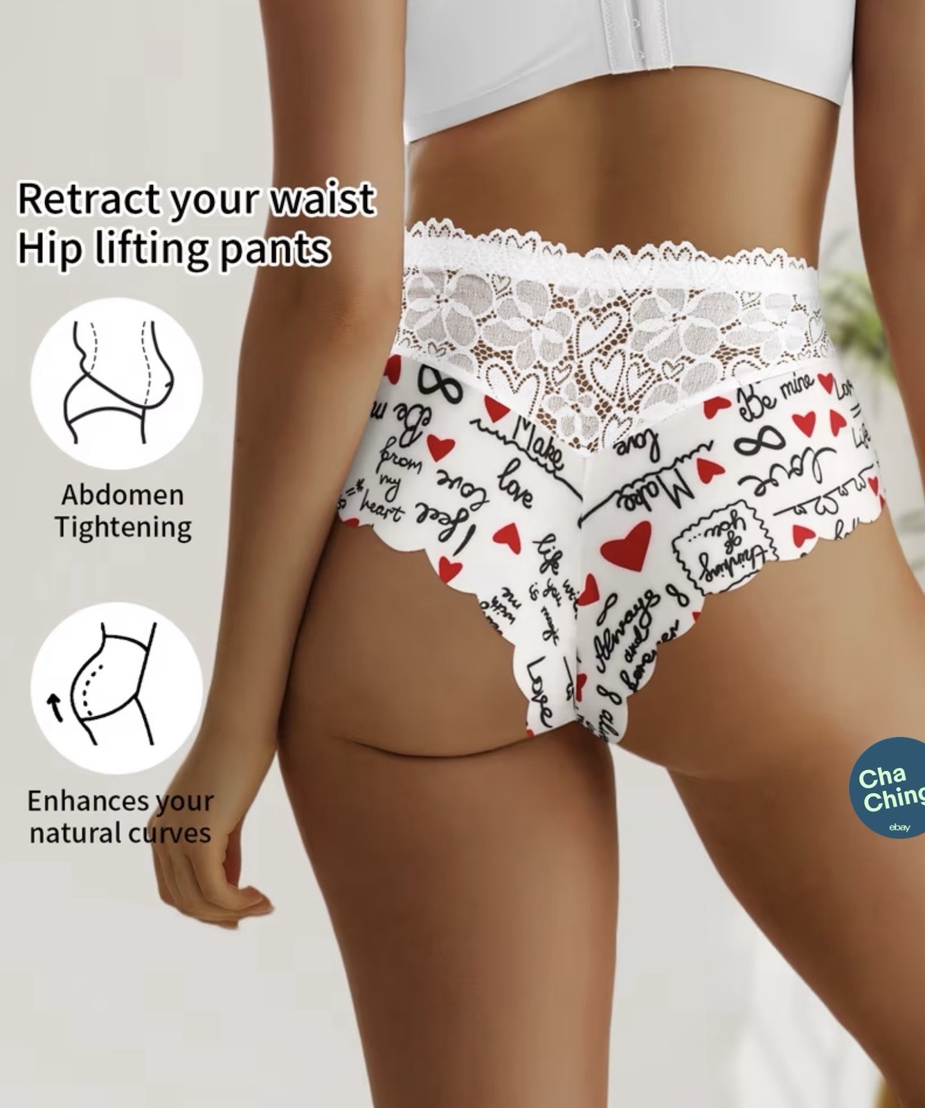 Women’s Teens Mid-Rise Lace Briefs Heart Script Print Red Black White 5Pk Large