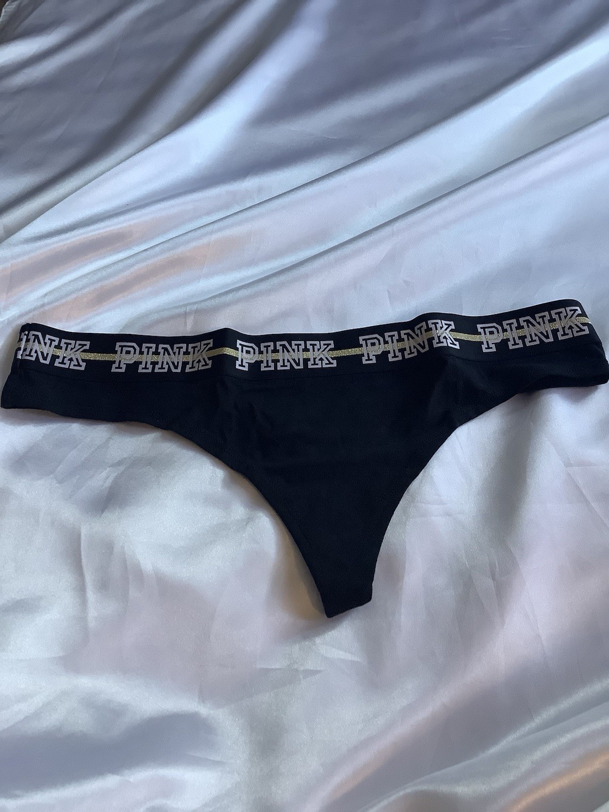 Victoria’s Secret PINK Women’s Thong Panties Black Gold Glitter Logo 1pk Large