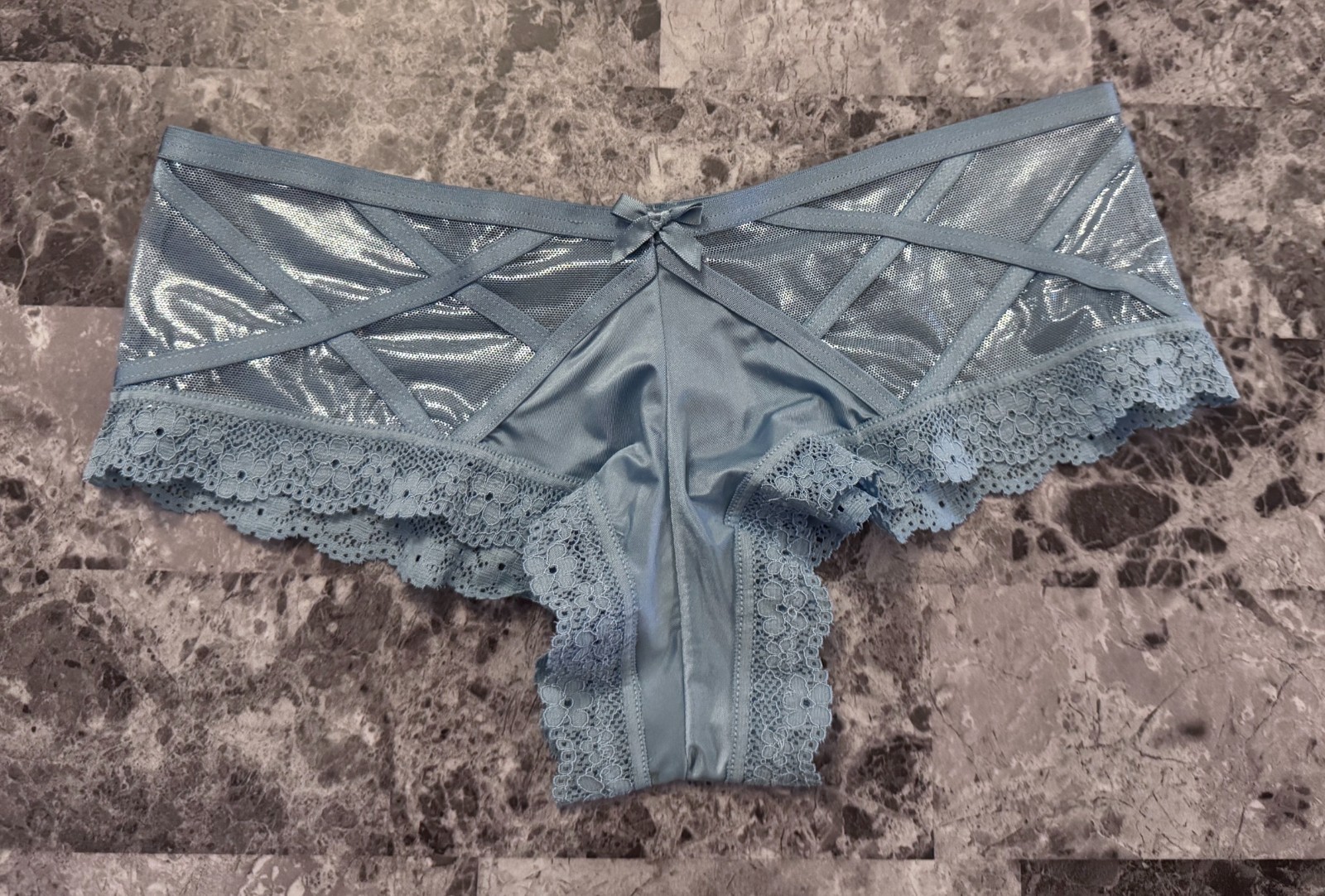 VICTORIA’S SECRET S SMOOTH BLUE SILVER SHINE SHIMMER MESH RARE CHEEKY PANTIES