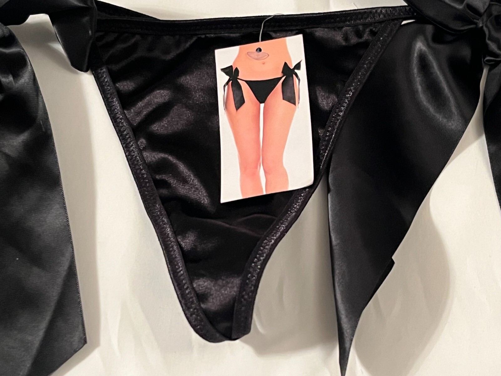 G-String Thong Medium Black Satin Side Bows