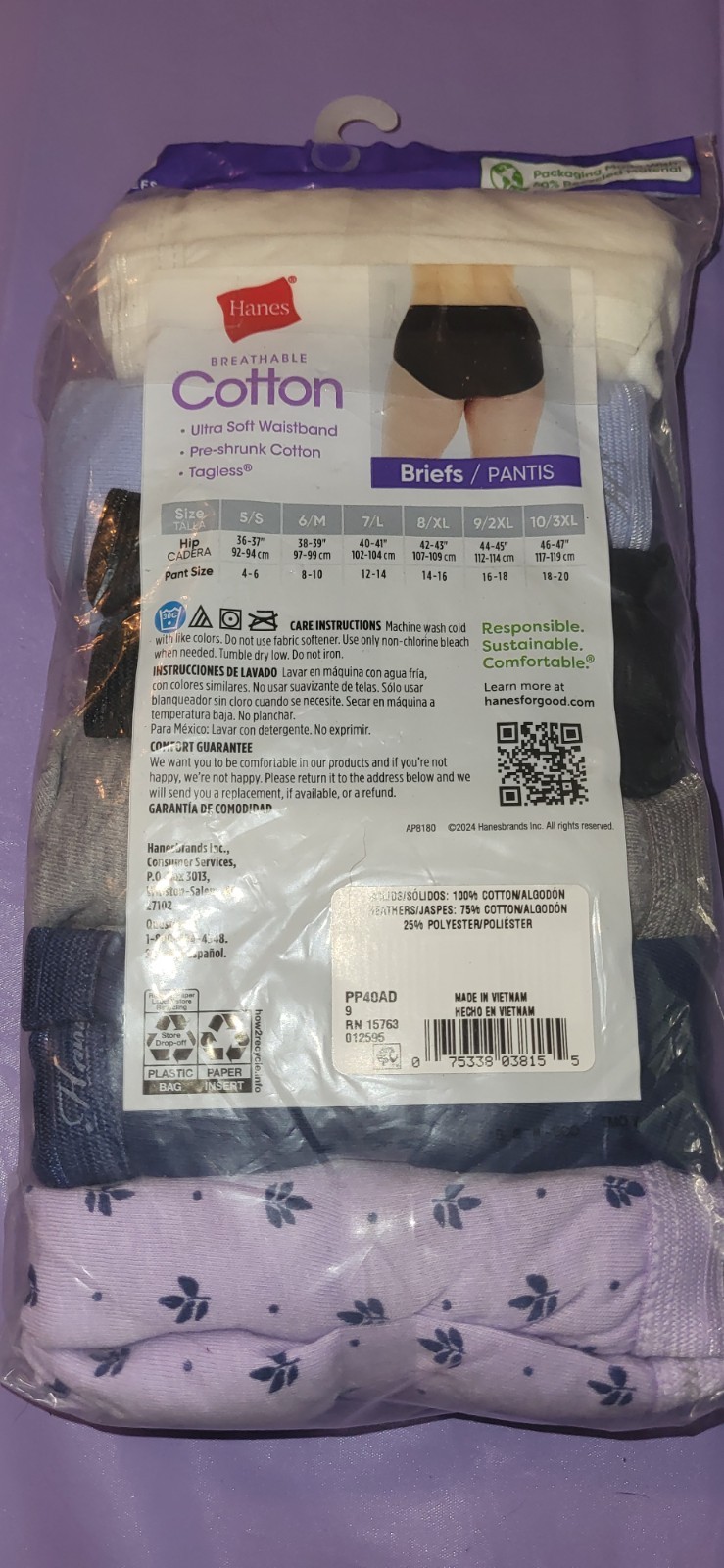 6 PAIR Hanes Tagless Brief Panties Soft Breathable Cotton Multi Colors Size 9 2x