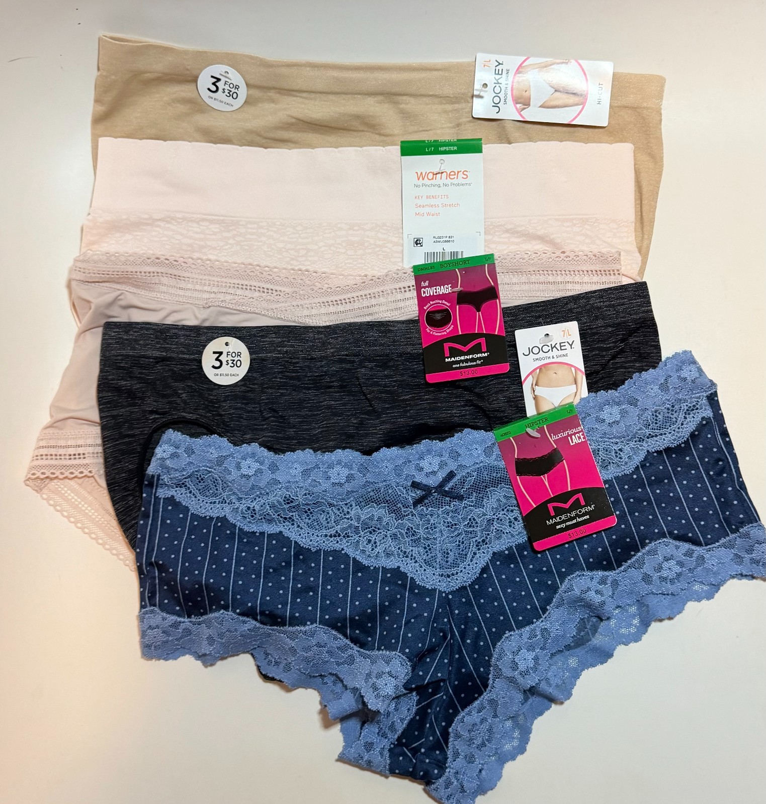 NWT 5 Mixed Lot Hi-Cut Hipster Boyshort Panties Jockey Maidenform Warners 7/L