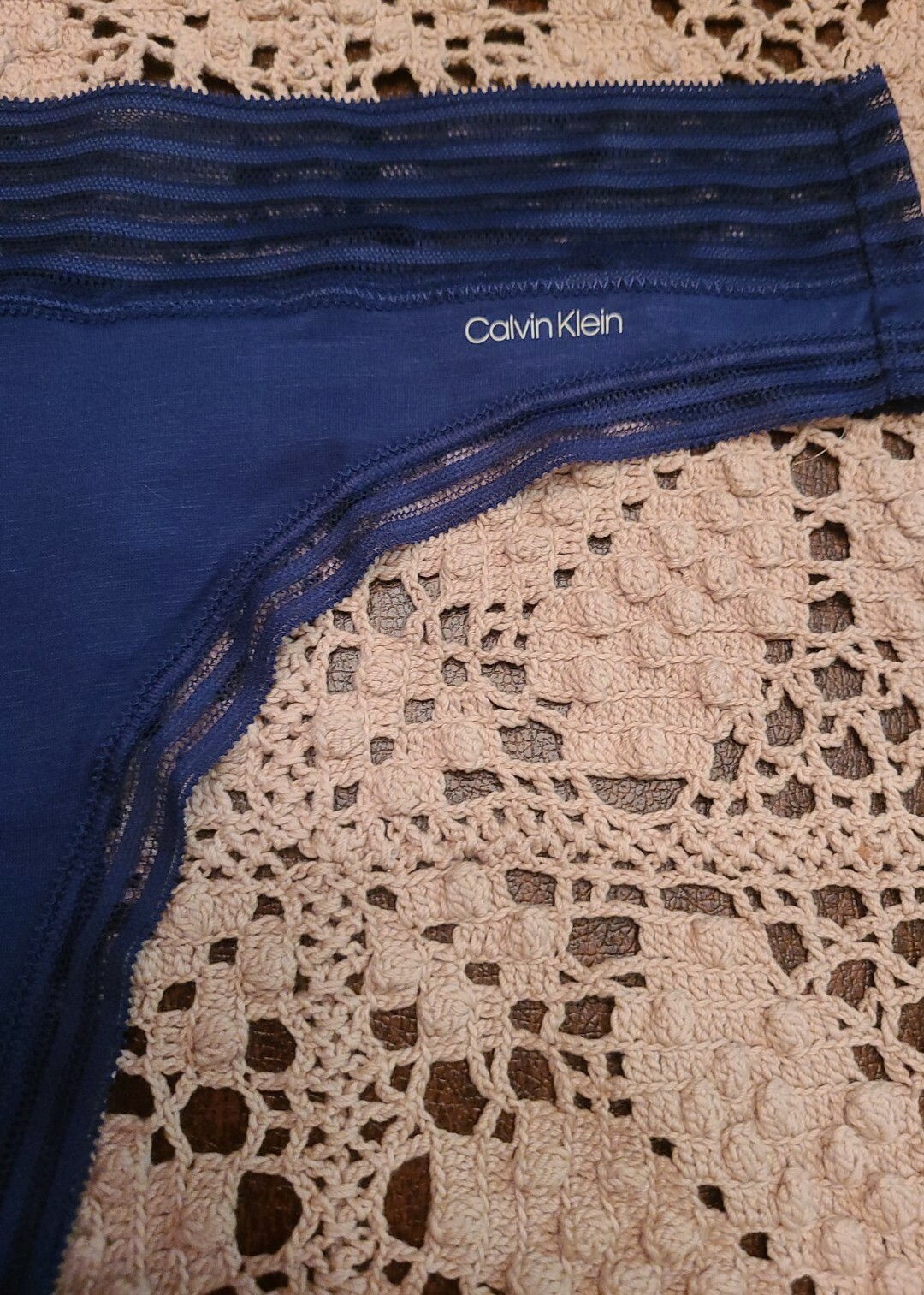 Med CALVIN KLEIN LOGO Ultra Soft Modal Thong Navy Blue Wide Luxury Lace Trim