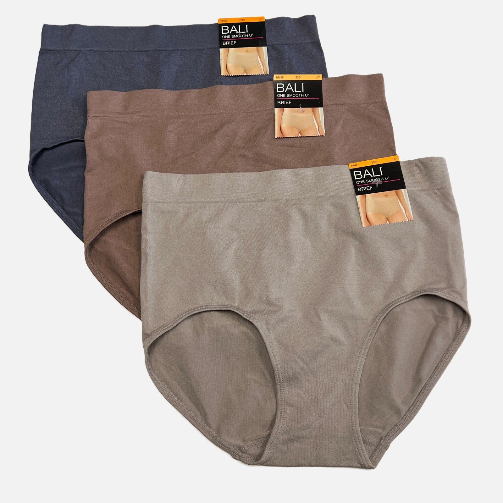 Bali One Smooth U Brief Panty L Size 7 LARGE NWT 2361 Underwear 3 PACK Panties