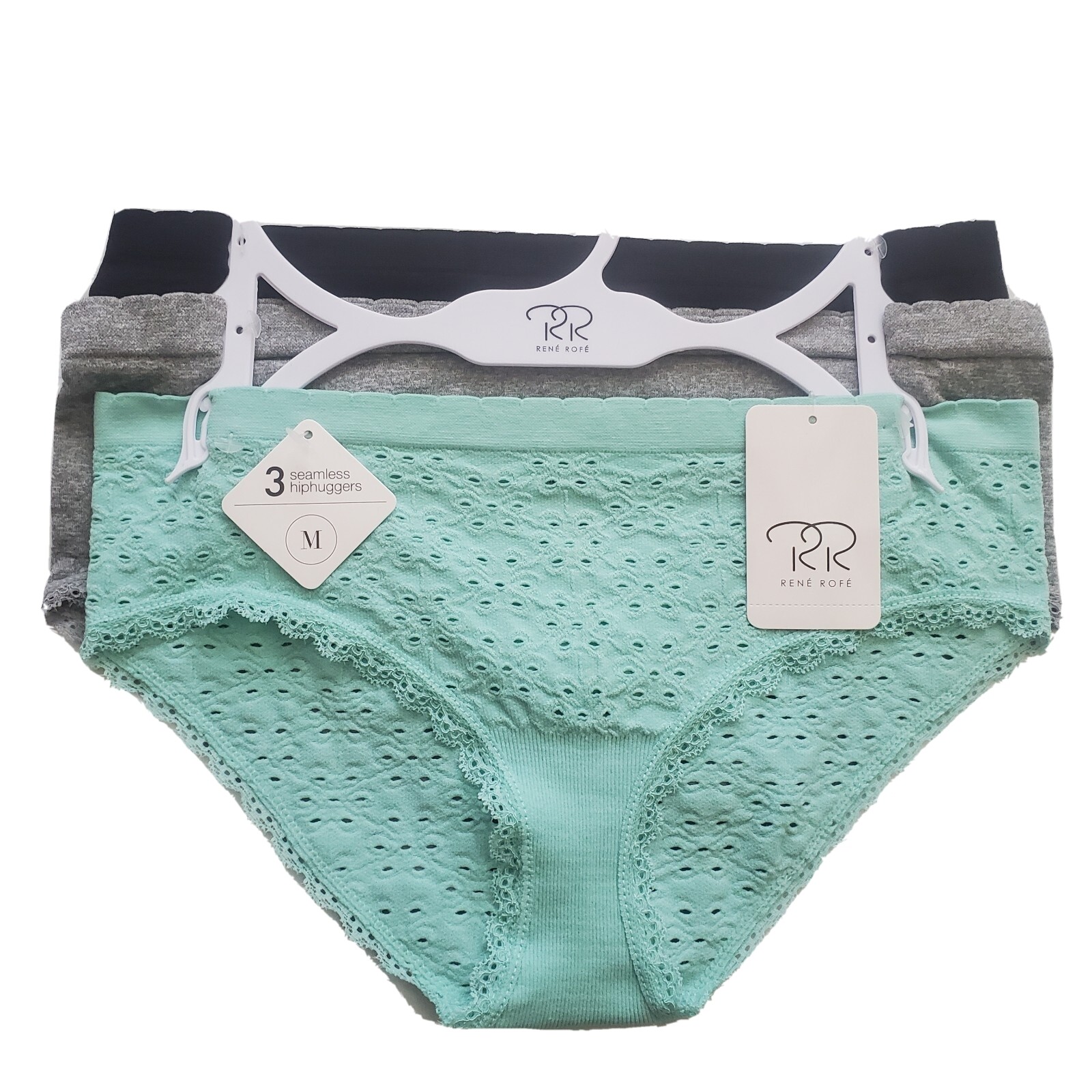3 Pair Seamless Hip Hugger Rene Rofe Panties, Women’s Size L, Teal, Black (M)
