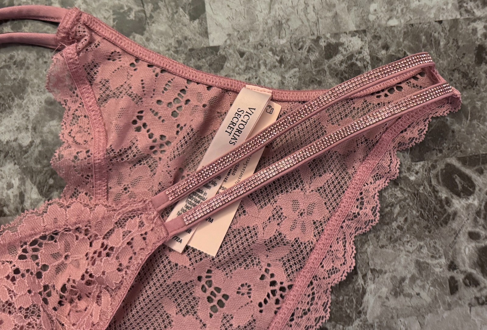 VICTORIA’S SECRET PINK ROSE APPLIQUE LACE SHINE STRAP STRAPPY BRAZILIAN PANTIES