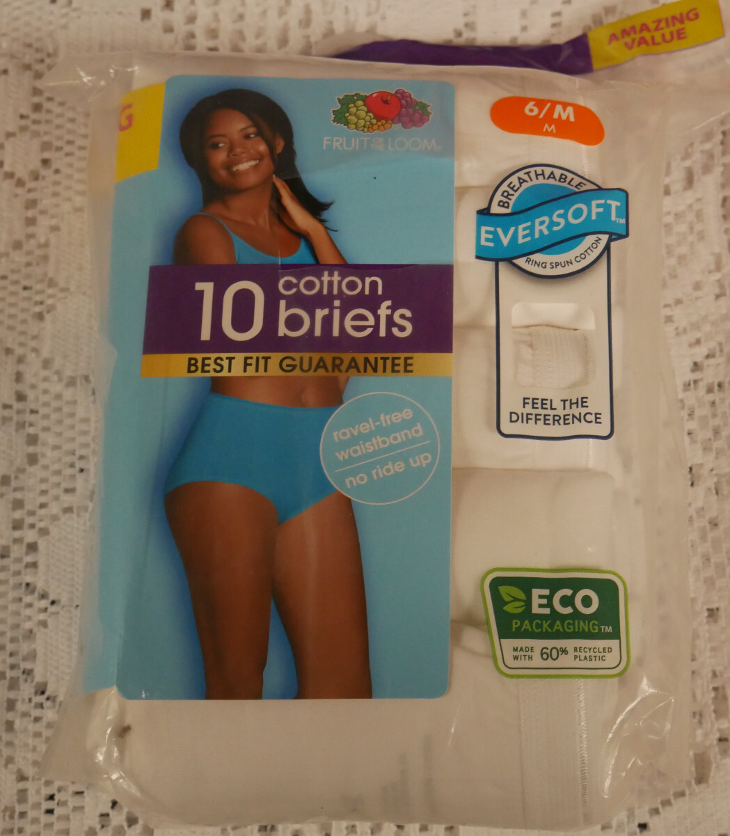 NIP WOMEN’S FRUIT OF THE LOOM 10 PAIR SZ 6/M NO RIDE UP RAVEL FREE COTTON BRIEFS
