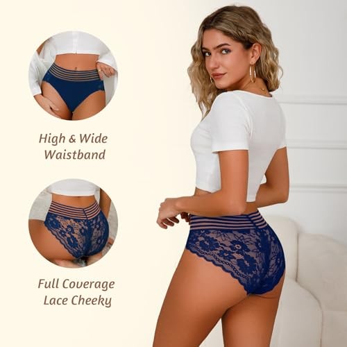 Lace Underwear for Women High Waisted 2X 7pcs-black/Nude/White/Blue/Green