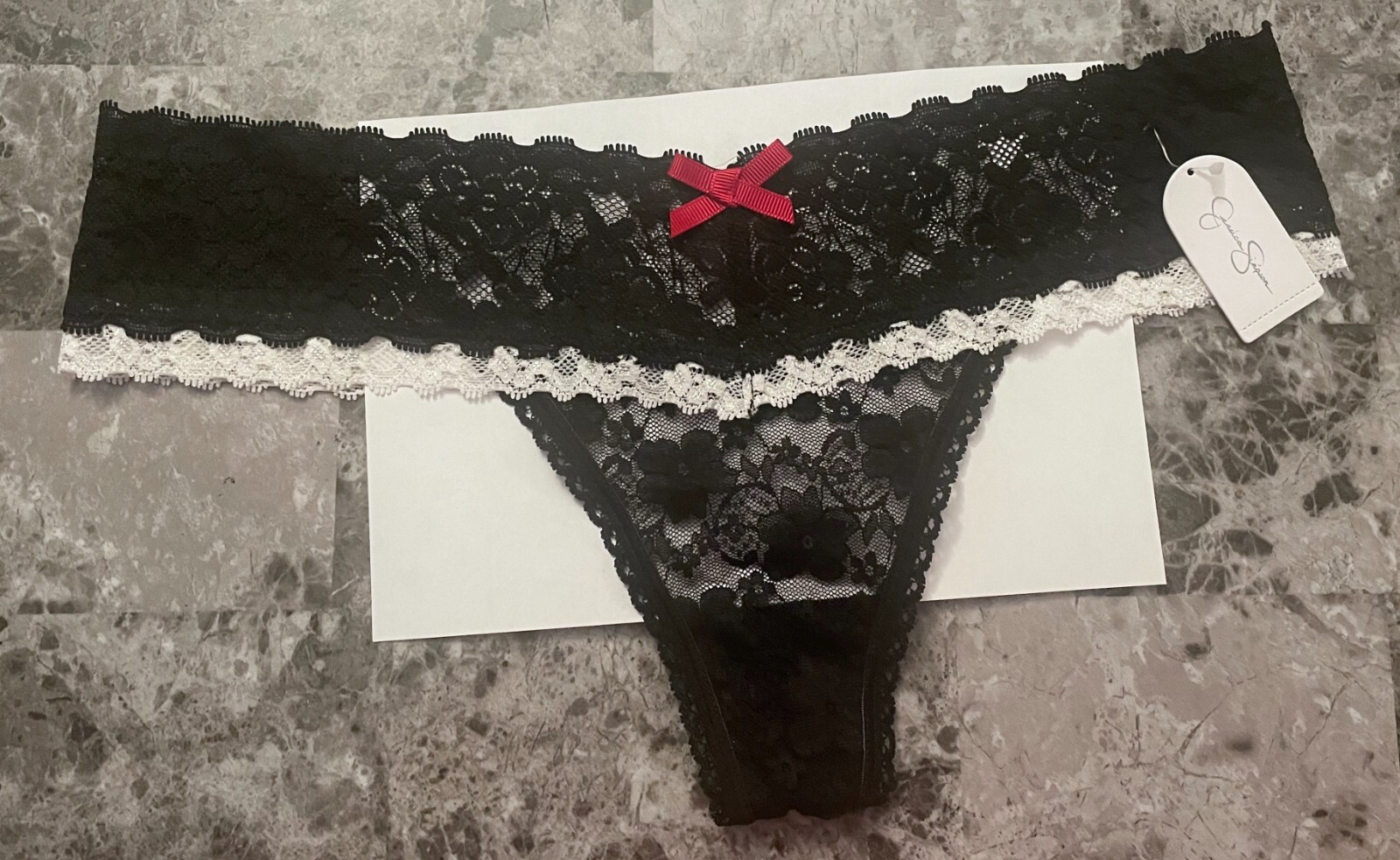 NWT NWD JESSICA SIMPSON LARGE BLACK WHITE FLORAL LACE RED BOW THONG PANTIES