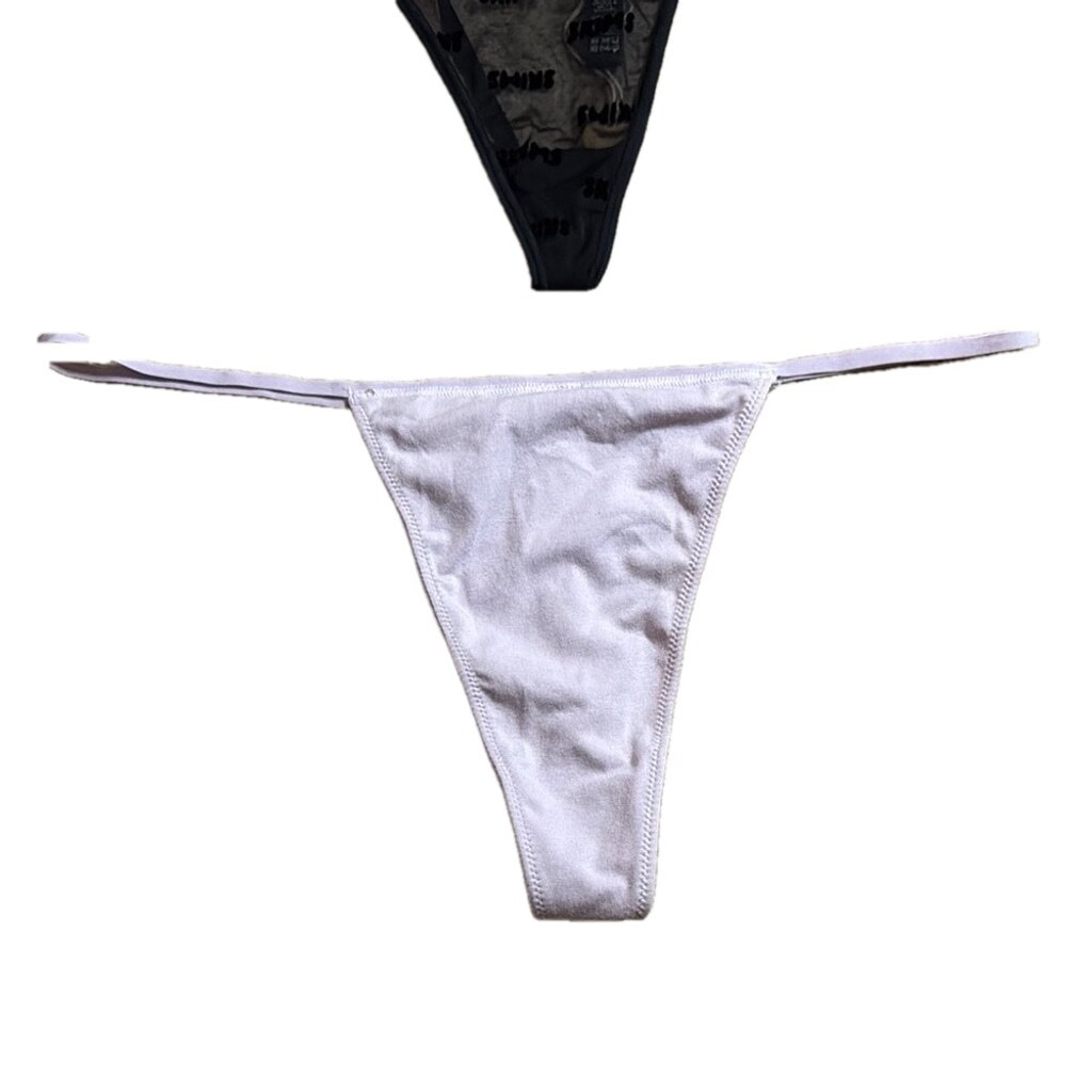NWT SKIMS 3X G String Velour Logo Onyx Black & Cotton Lavendar 2 Pack Bundle