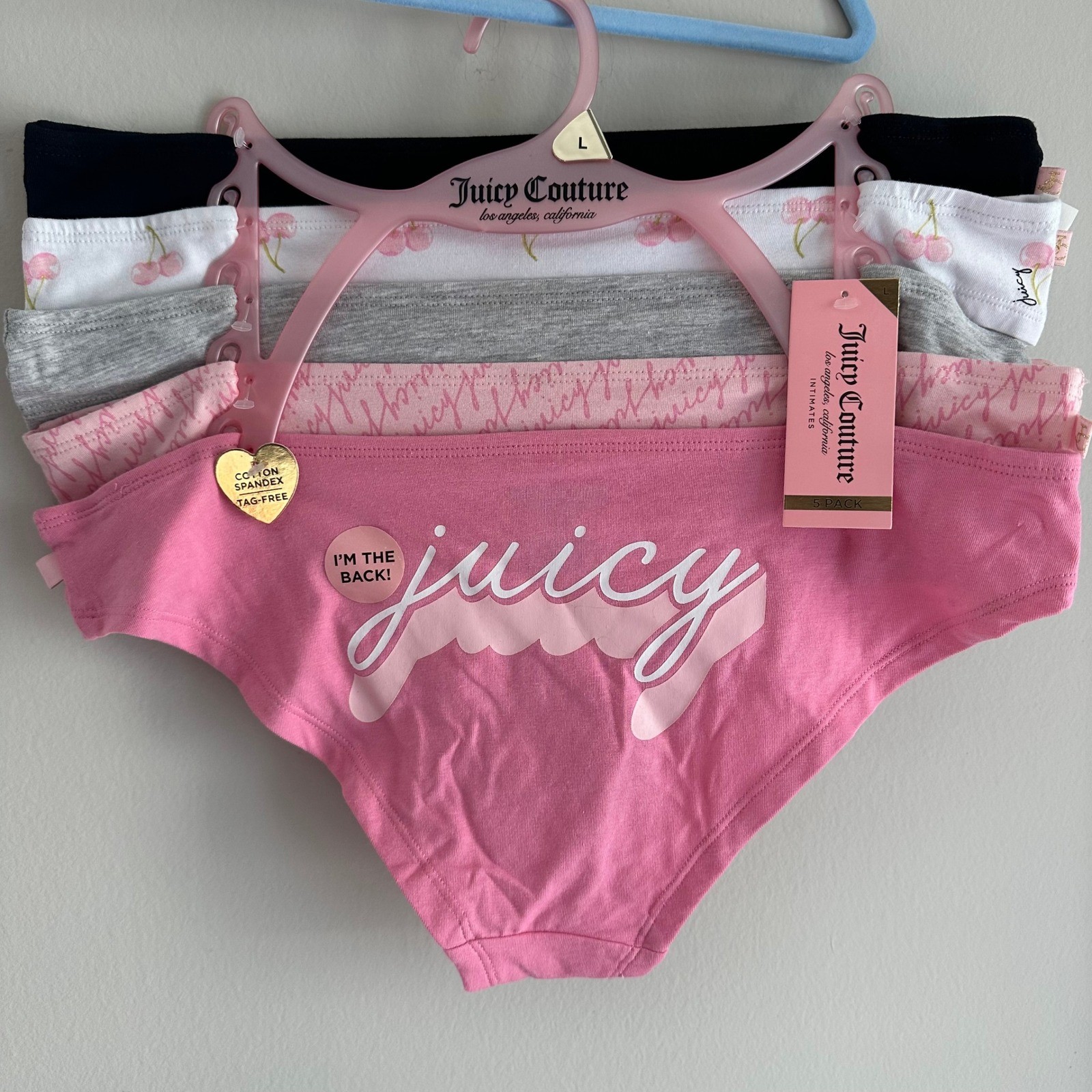 NWT Juicy Couture Large 5 pck Panties Underwear Cotton Pink Cherry Grey Black