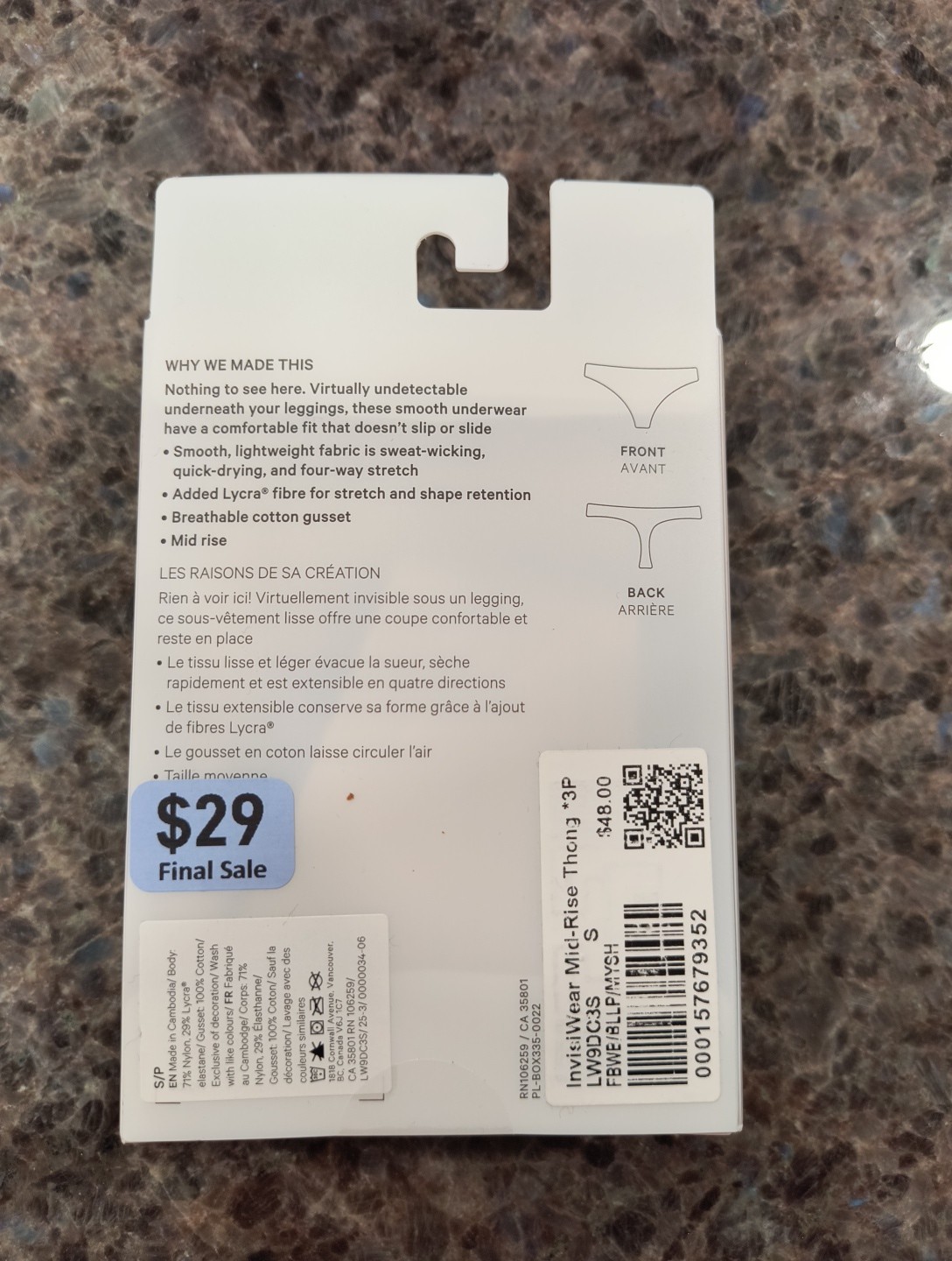 Lululemon Women’s InvisiWear Mid-Rise Thong Underwear 3 Pack, SMALL