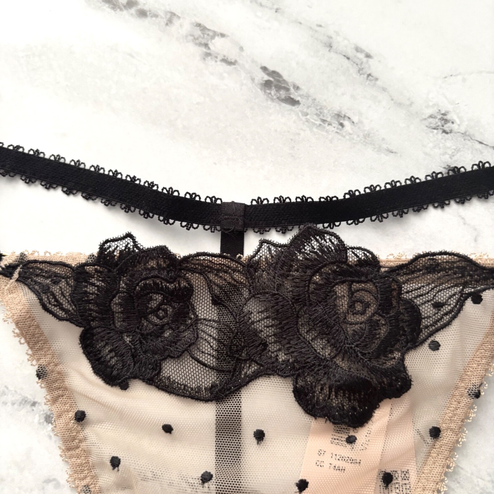 Victoria’s Secret Thong Panty Very Sexy Praline Mesh w/ Black Dot Open L