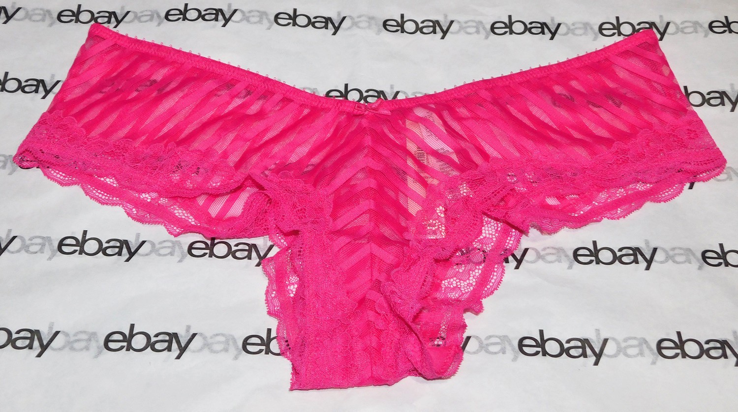 NEW Victoria’s Secret Tease Cheeky Panty Medium Hot Pink Stripes M Lace Trim VS