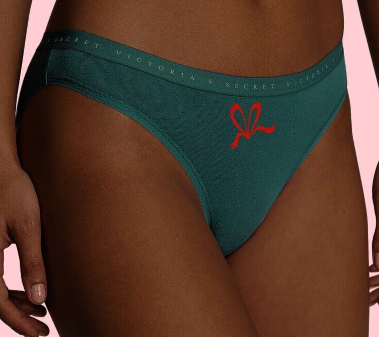 S Deep EverGreen w Graphic Red Bow Stretch COTTON Victoria’s Secret BIKINI Panty