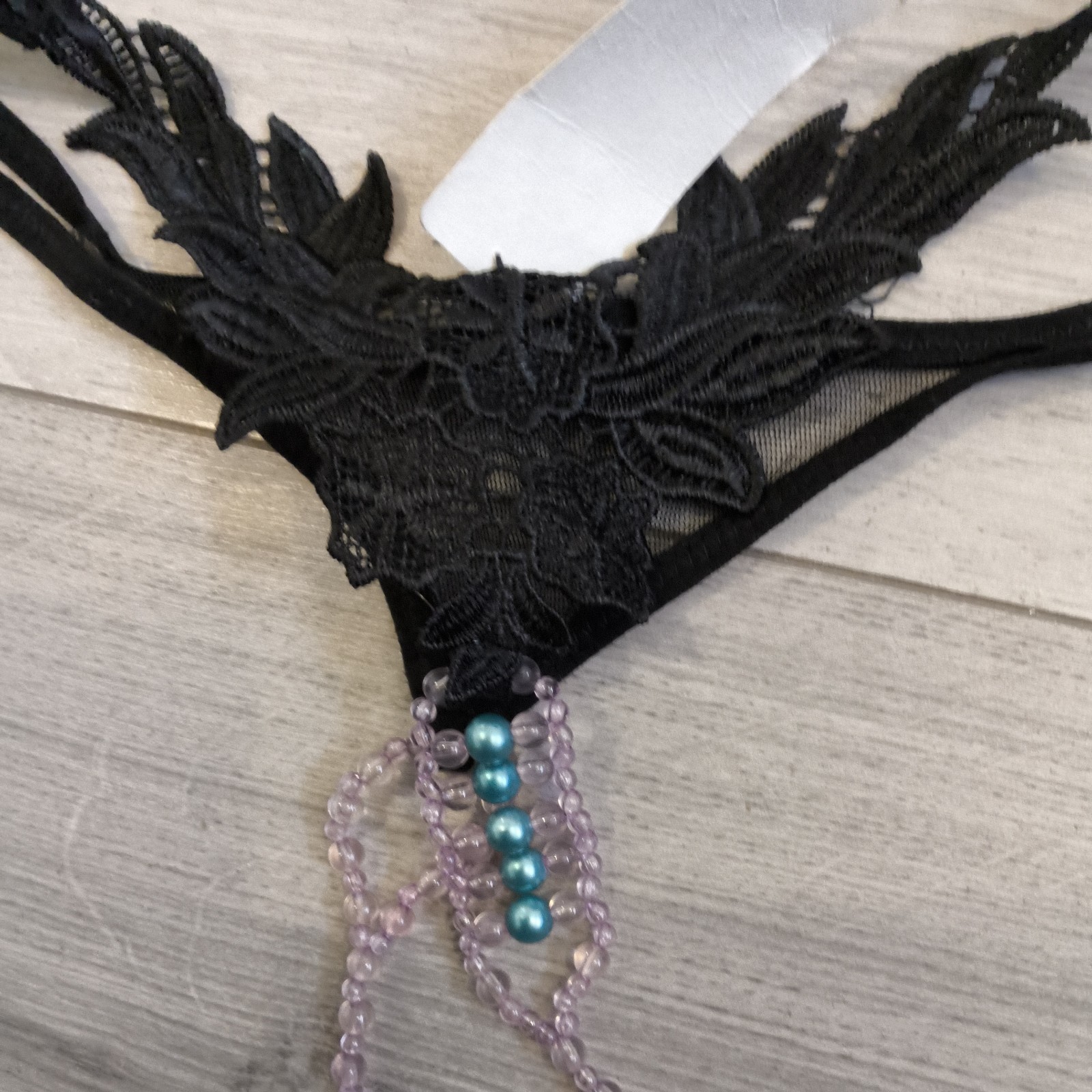 BNWT Bixtra Black Embroidered G String Thong Bead Chain Crotch Size 6-8