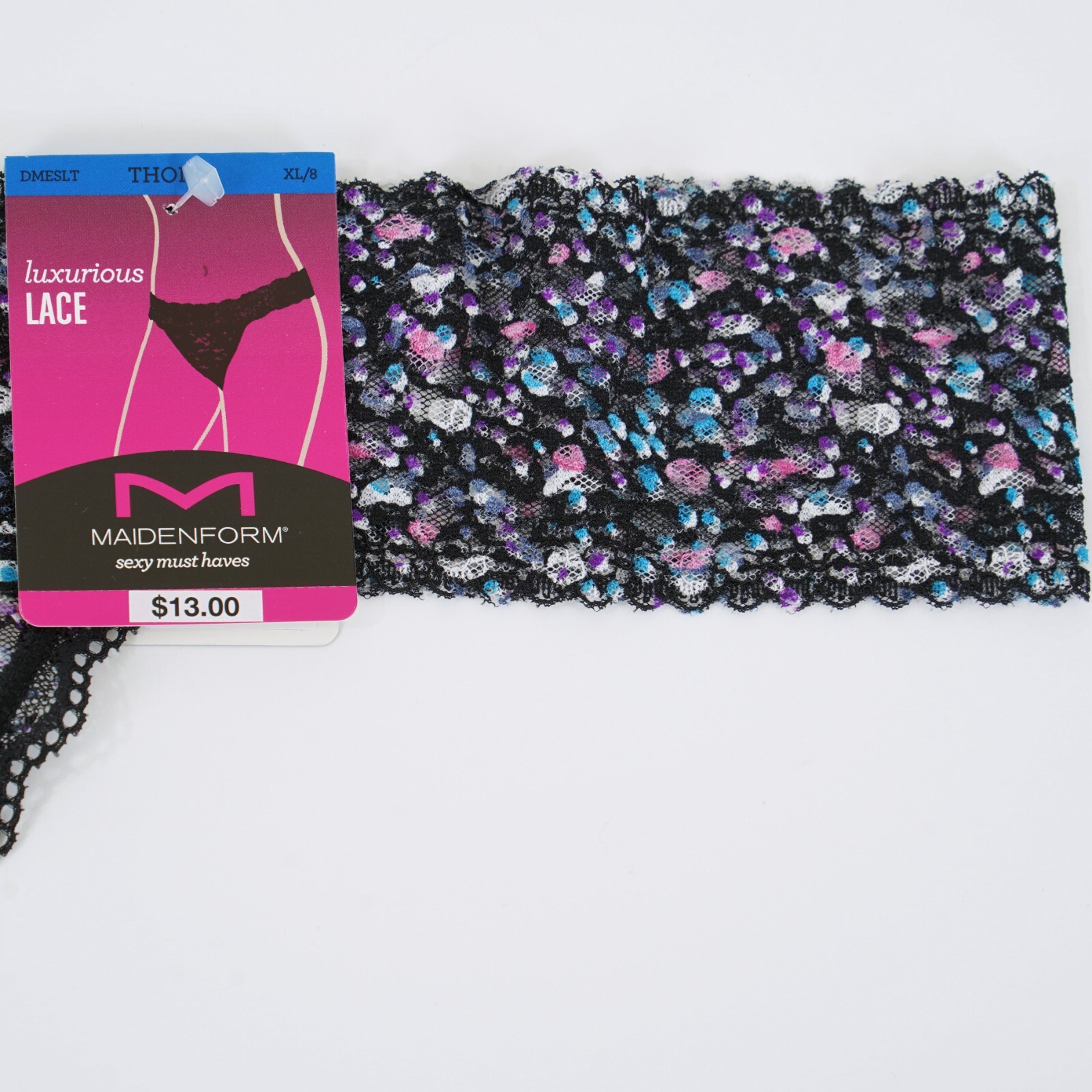 MAIDENFORM Women’s Size 8 X-LARGE Multicolor DOT BLACK LACE THONG Panty #DMESLT