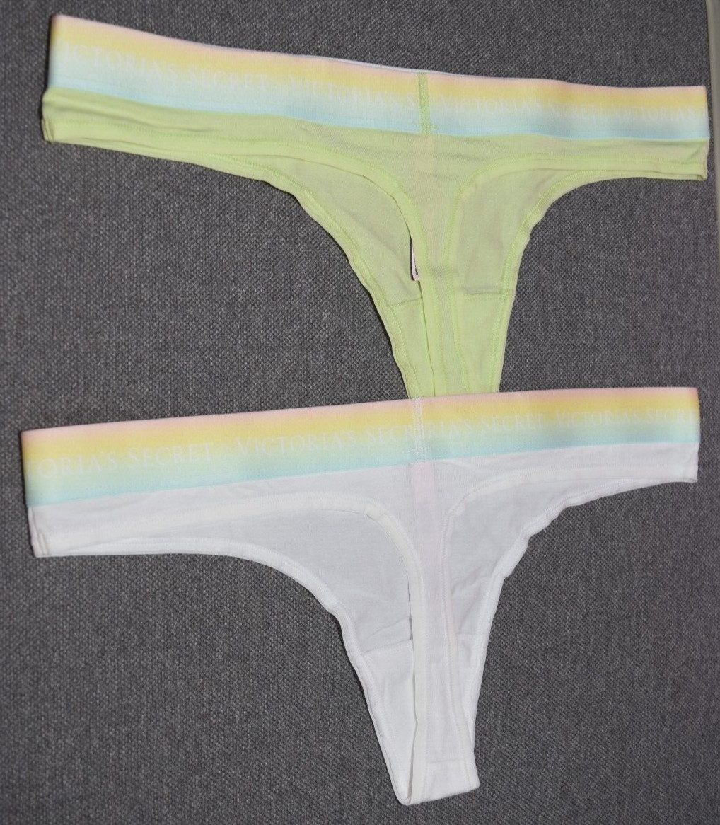 2 New Victoria’s Secret White Green Logo Thong Panty Lot M Multicolor Waistband