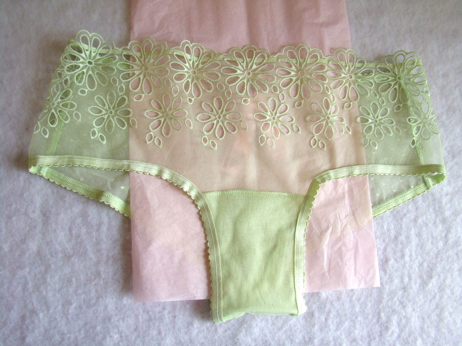 New Victoria’s Secret Green Floral Lace Mesh Back Polk Dots Cheeky Panty