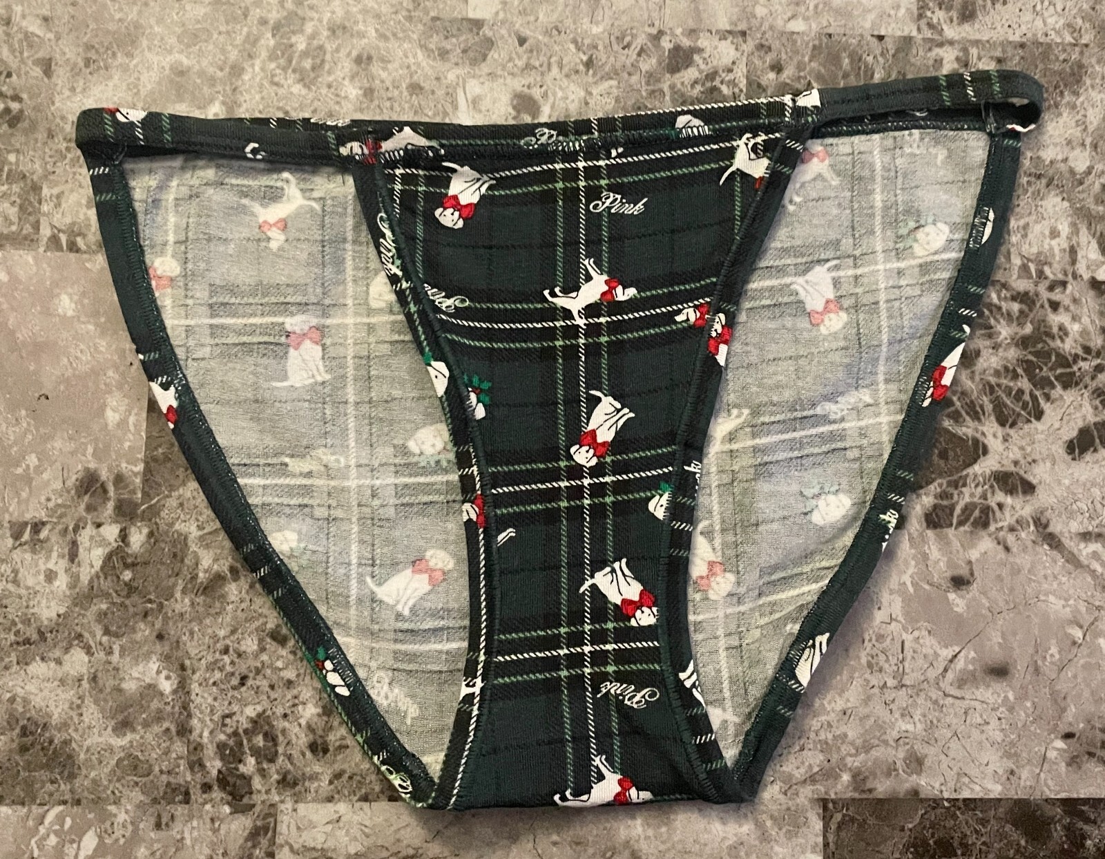 NWT VICTORIA’S SECRET PINK GREEN PLAID HOLIDAY DOG BOW STRING BIKINI PANTIES