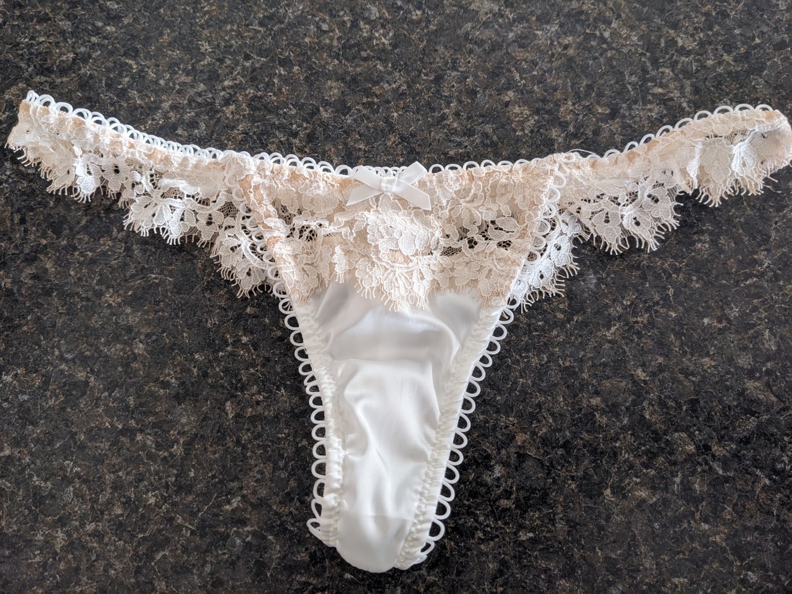 For Love & Lemons Lace Ruffle White Satin Cream Panties Thong XS panty