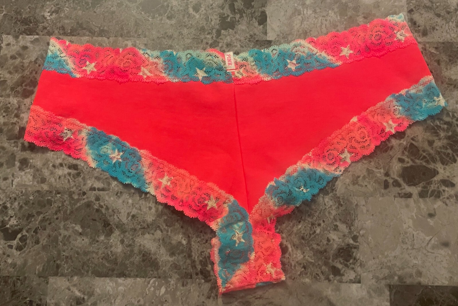 NWT VICTORIA’S SECRET PINK LARGE NEON CORAL BLUE STAR LACE RARE CHEEKY PANTIES