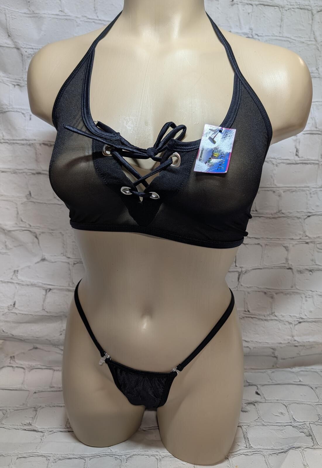 BODYZONE VINTAGE Black Sheer Mesh Halter Lace-up Front top and clip thong NWT