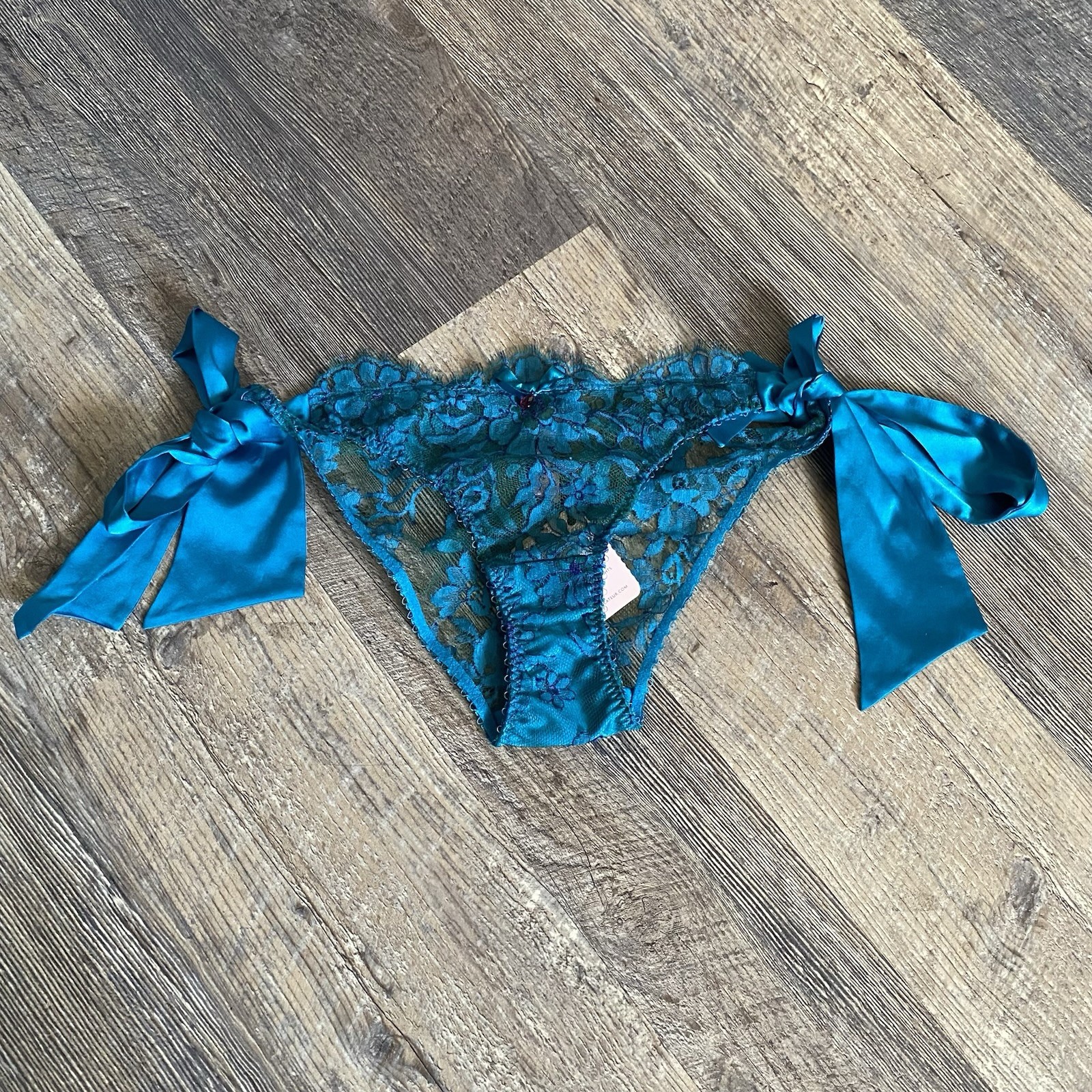 Agent Provocateur Teal Blue Fairy Lace Side Tie Ribbon Underwear NWT S/M