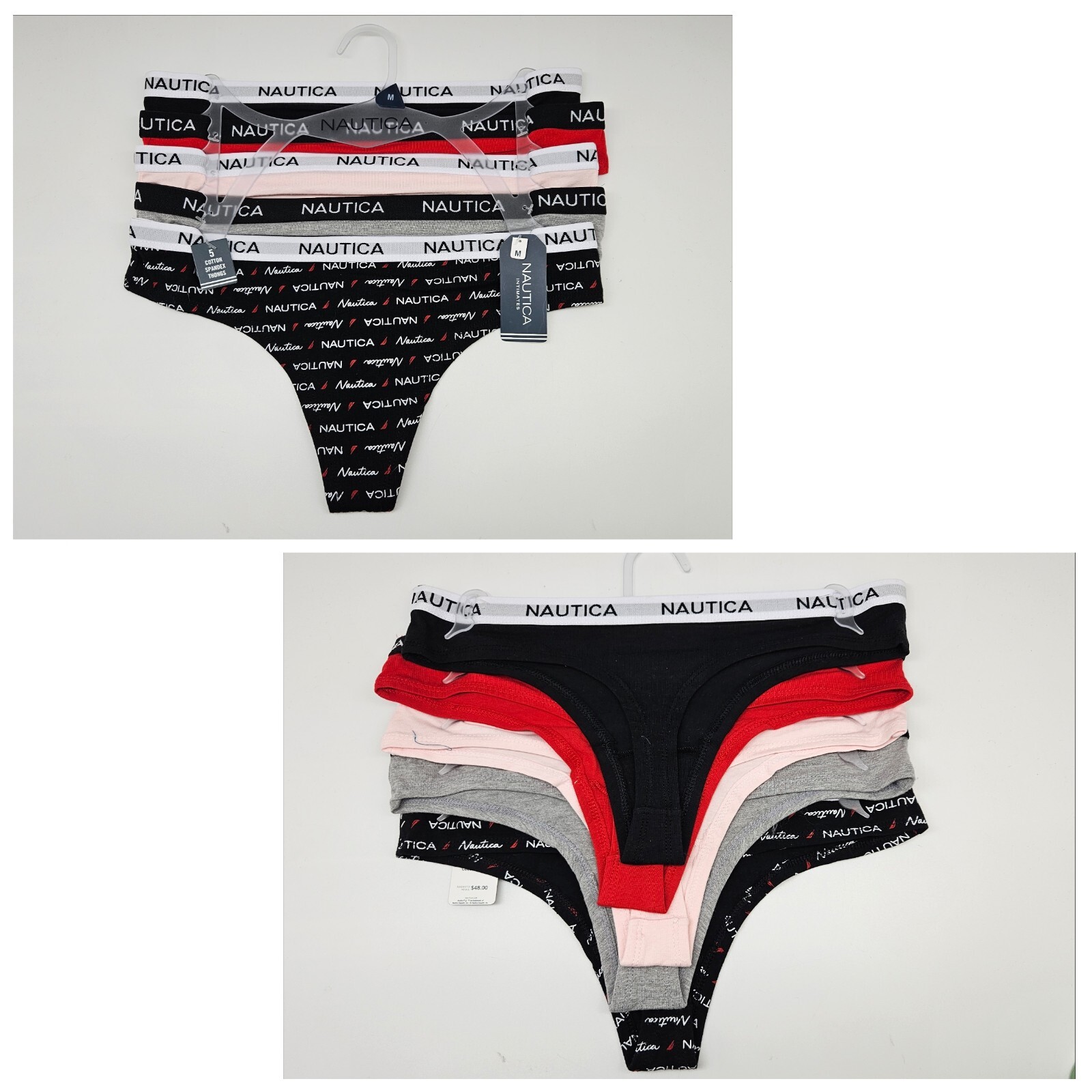 5Pk NAUTICA Women’s S M L XL Cotton Logo Thong Panties Black White Gray Red Pink