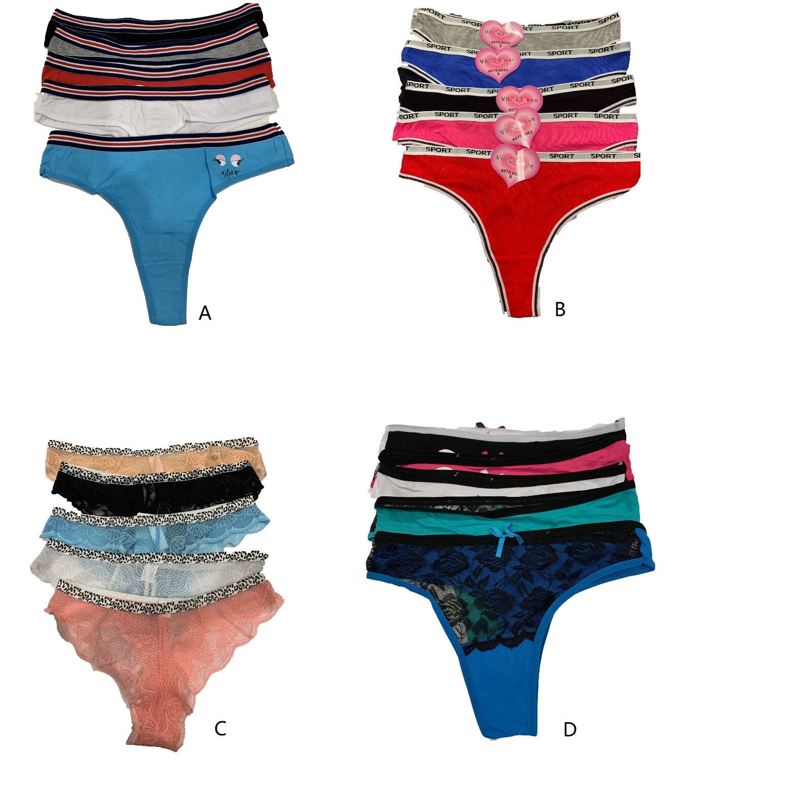 New women 5pcs lot lace sports eye stretch cotton thong underwear panties-M-XL