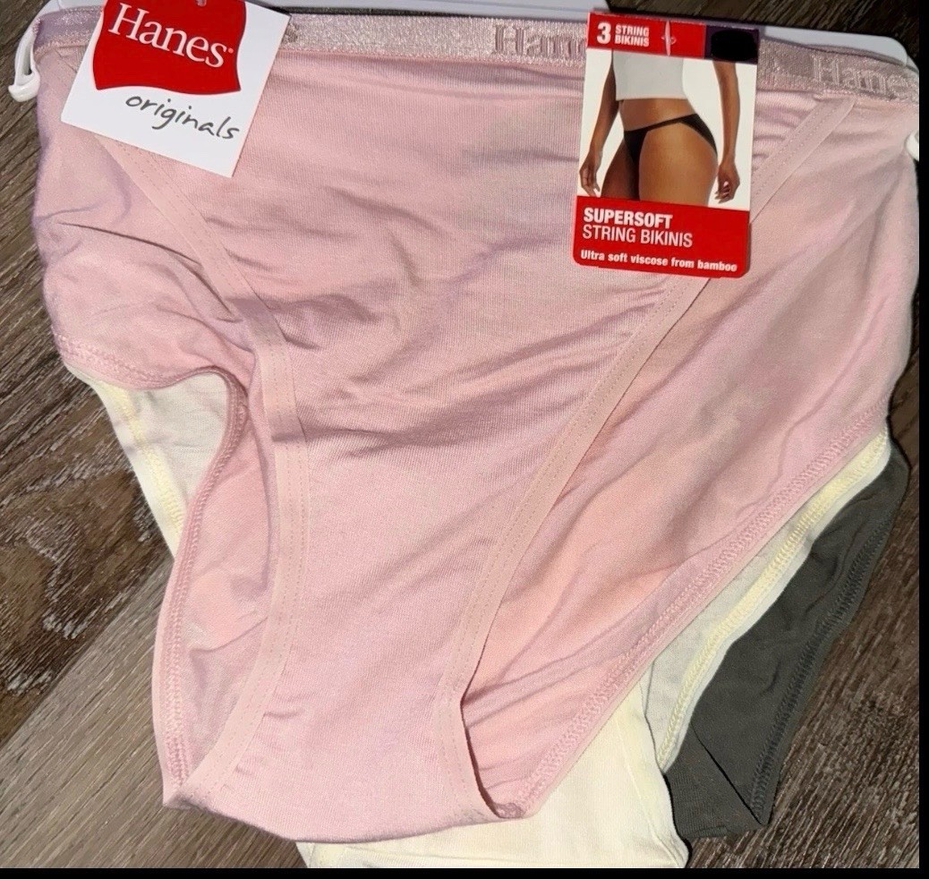 Hanes Originals 3-Pair Womens String Bikinis Underwear Bamboo Viscose (A) ~ S