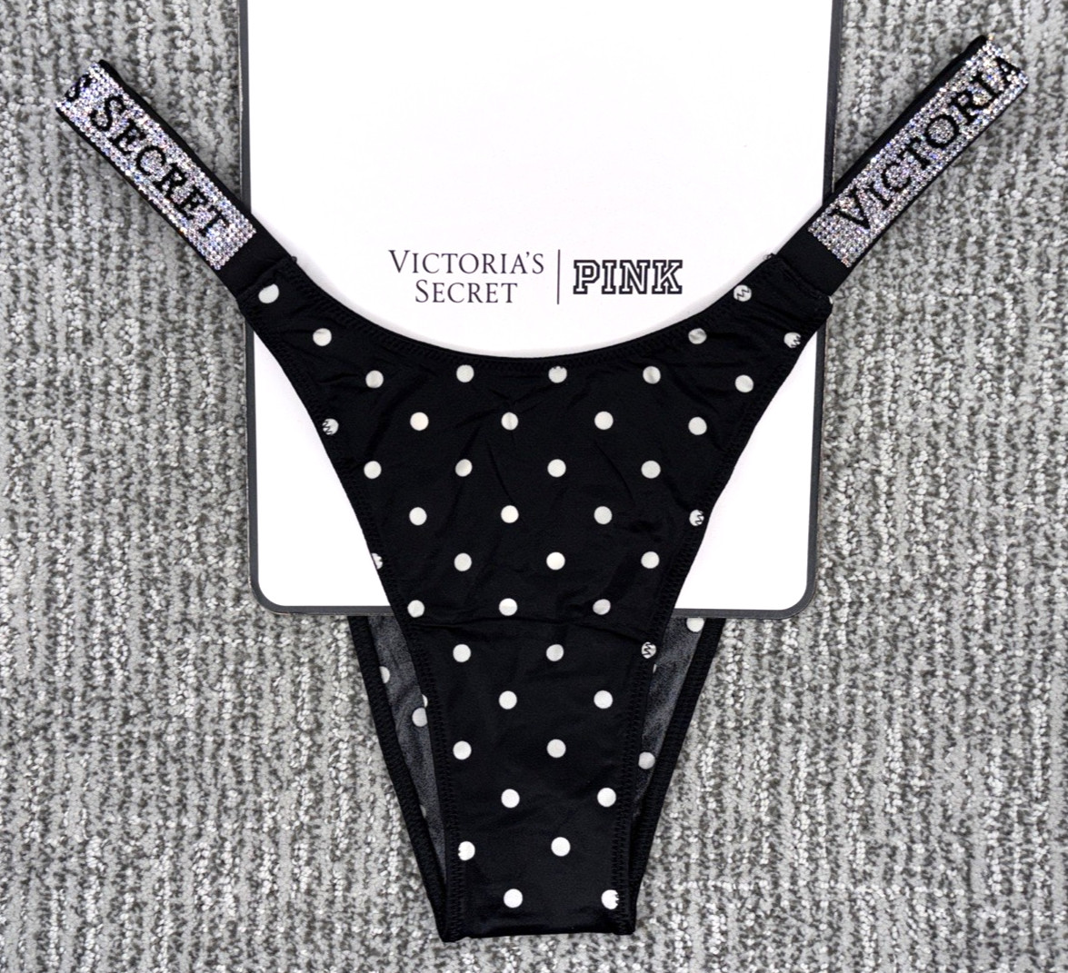 Victorias Secret VerySexy NWT Medium Black Polka Dot Shine Strap Brazilian Panty