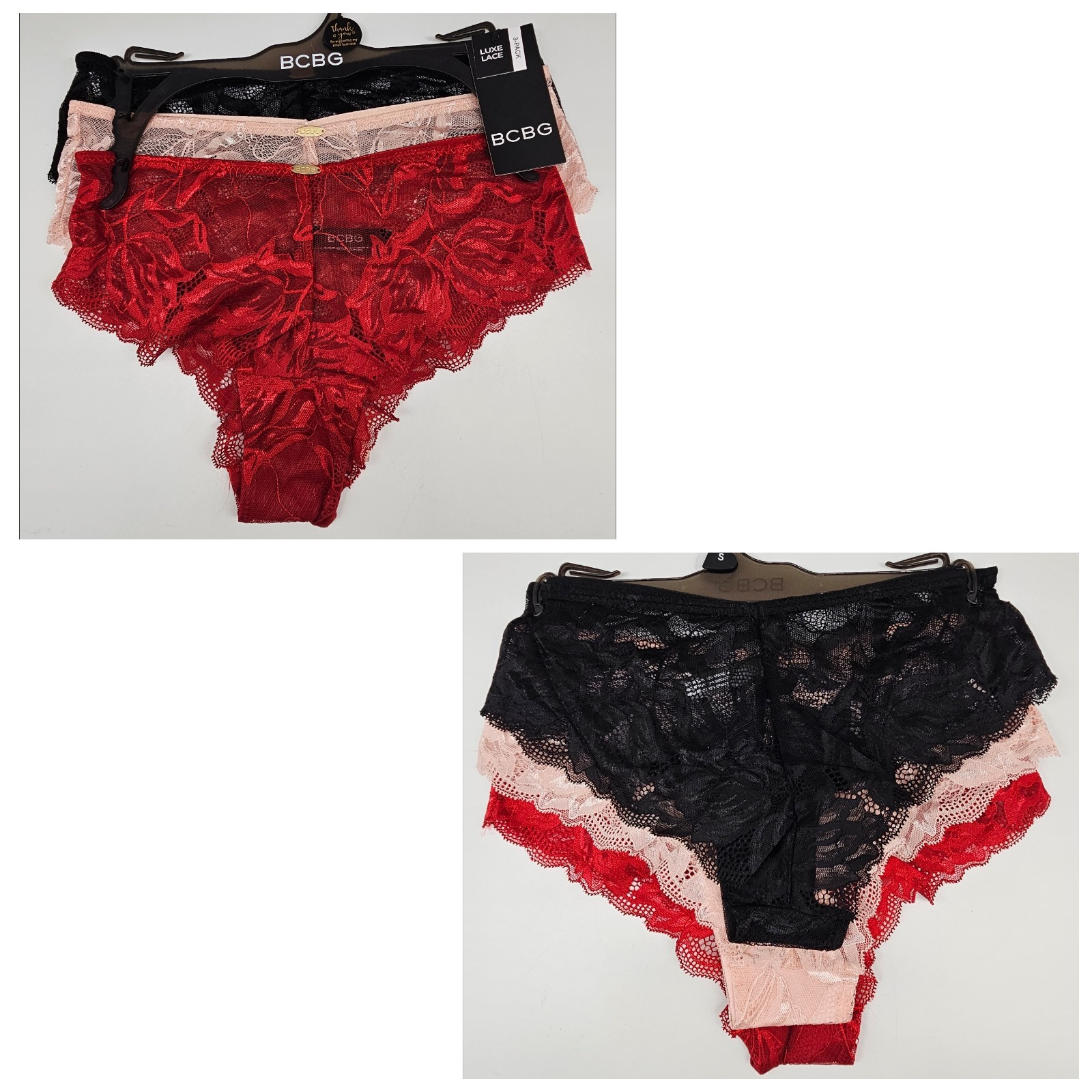 BCBG 3 Pack Women’s S M L XL Luxe Lace Cheeky Breathable Panties Black Pink Red