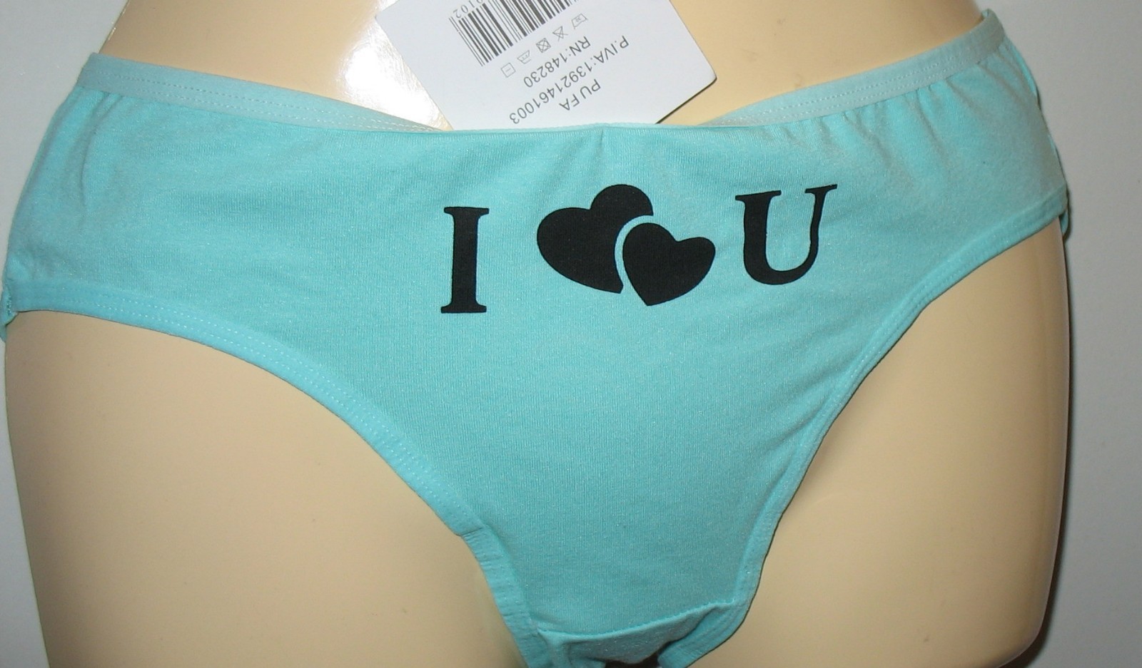PANMANNI – NEW – SIZE XL – AQUA – COTTON STRETCH PANTY ” I LOVE U ” ON FRONT
