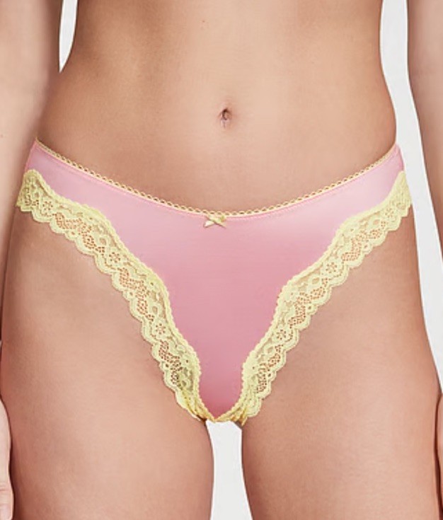Victoria’s Secret TEASE Thong Panty Extra Large Pink Satin Yellow Lace NWT