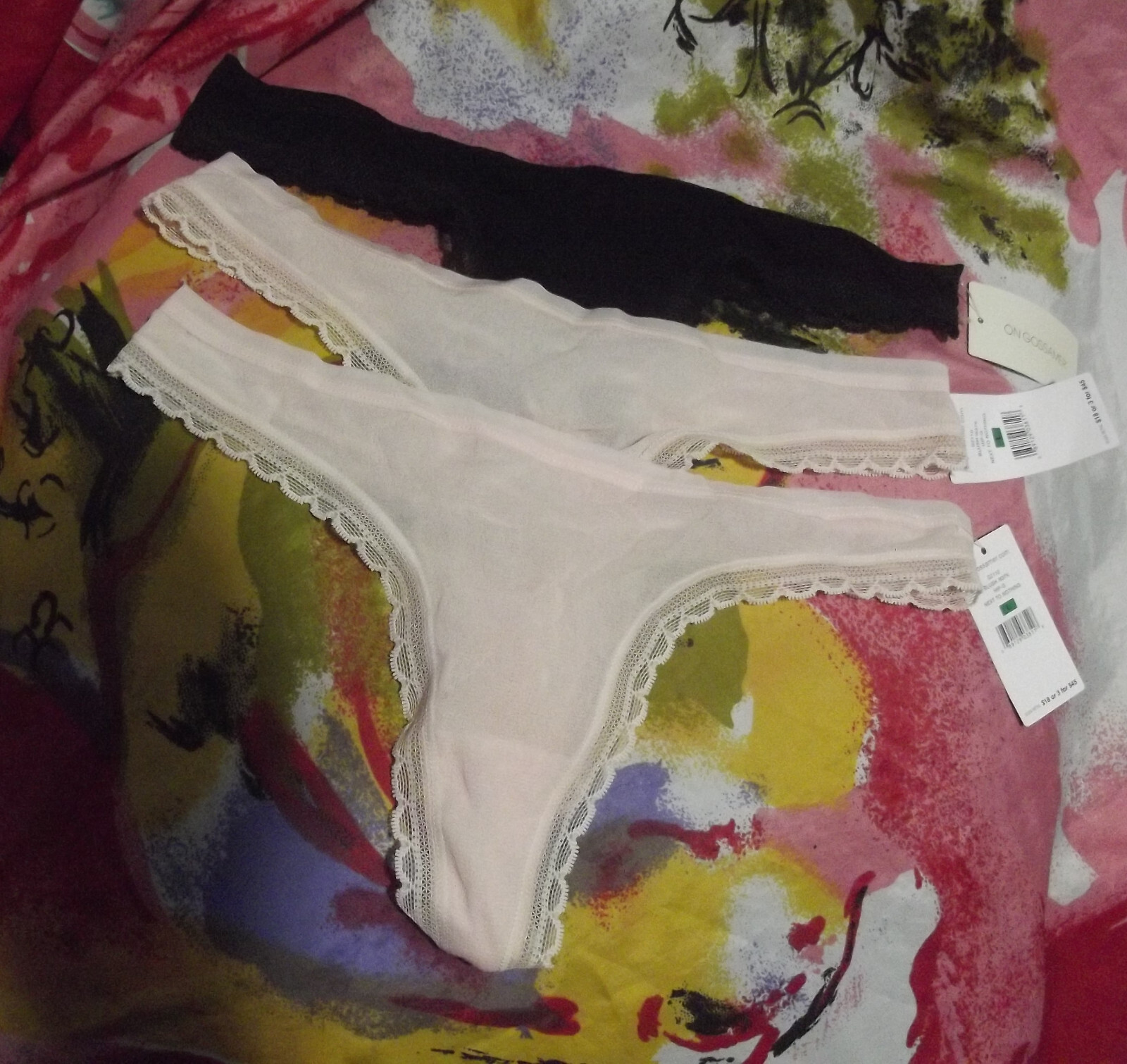 3 NEW ON GOSSAMER G2110 NEXT TO NOTHING MF LACE TRIM HIP-G THONG PANTIES L