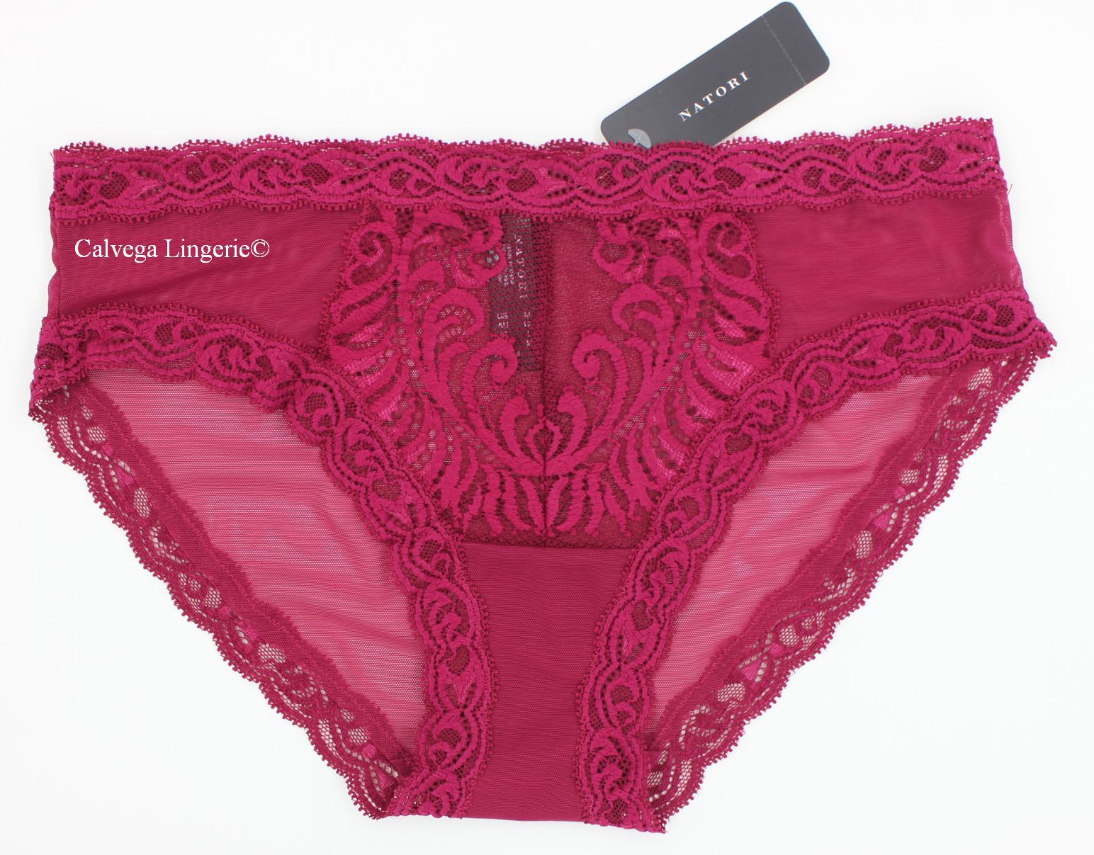 NWT NATORI 753023 “Feathers” Mesh w/Lace Hipster, Burgundy (“Crushed Velvet”)