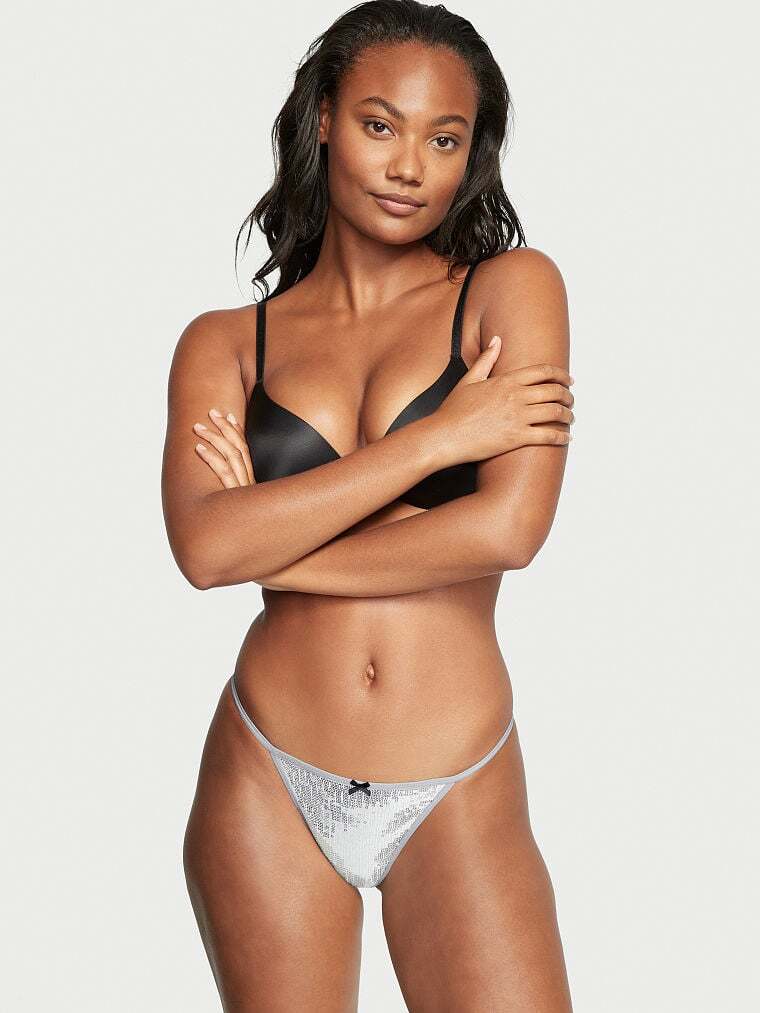VICTORIA’S SECRET GRAY SILVER MESH SEQUIN BLACK BOW V STRING THONG PANTIES PANTY