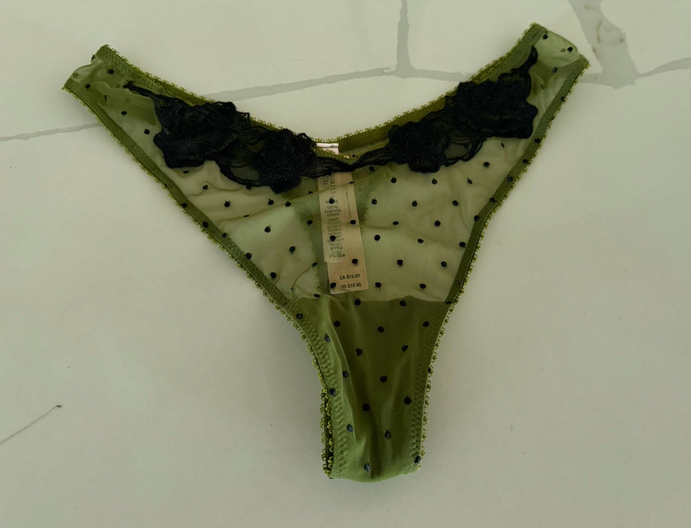 Victoria’s Secret VERY SEXY Thong Panty Green Dot Mesh Black Lace Large NWT
