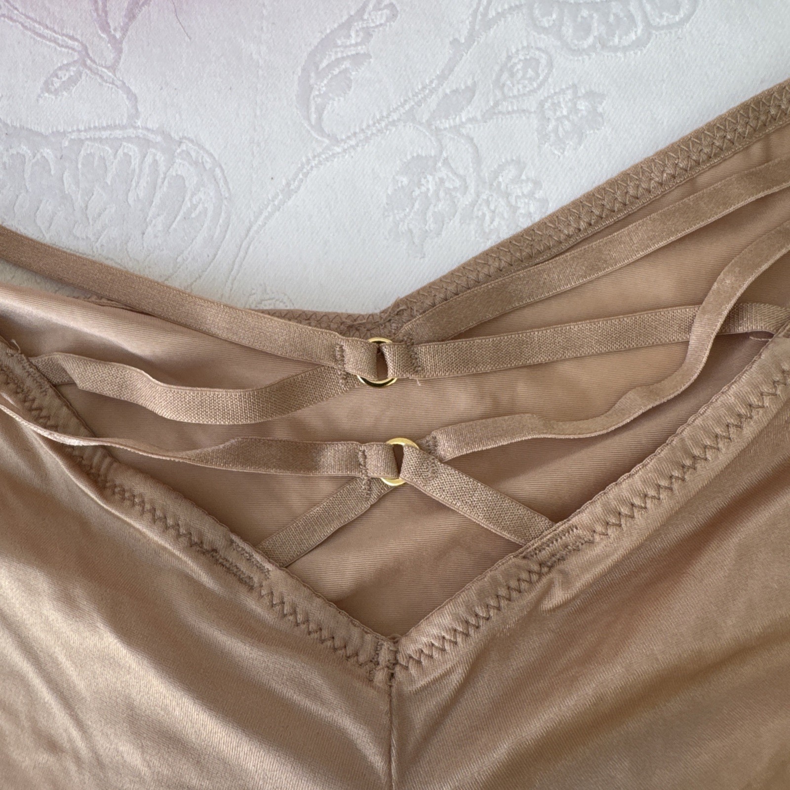 VICTORIA’S SECRET L SILKY NUDE GOLD STRAPPY CUT OUT BACK CHEEKY PANTIES NWT